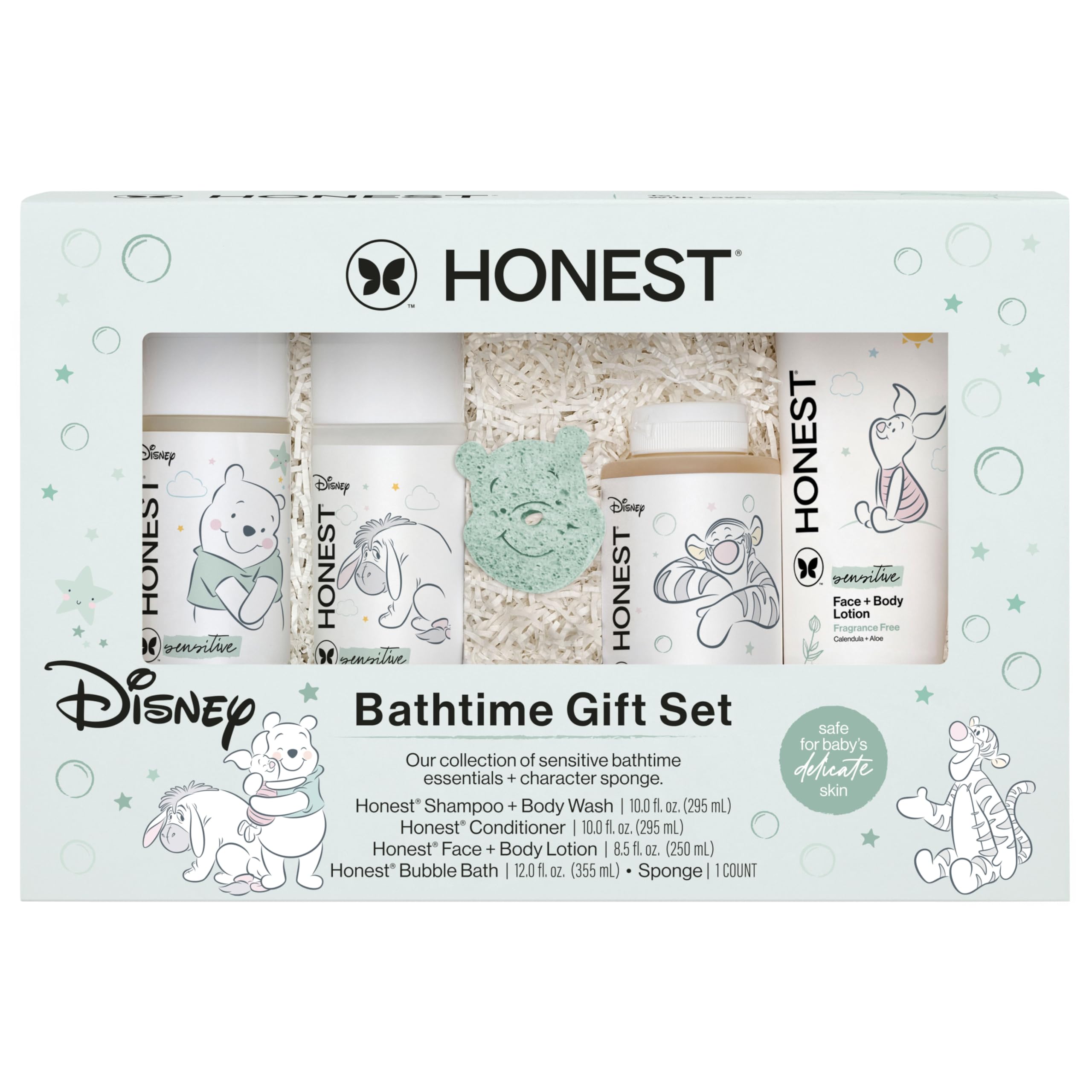 The Honest Company Fragrance-Free Bathtime Gift Set, Disney Design, Hypoallergenic, Bath Essentials for Sensitive Skin, Shampoo and Body Wash, Face