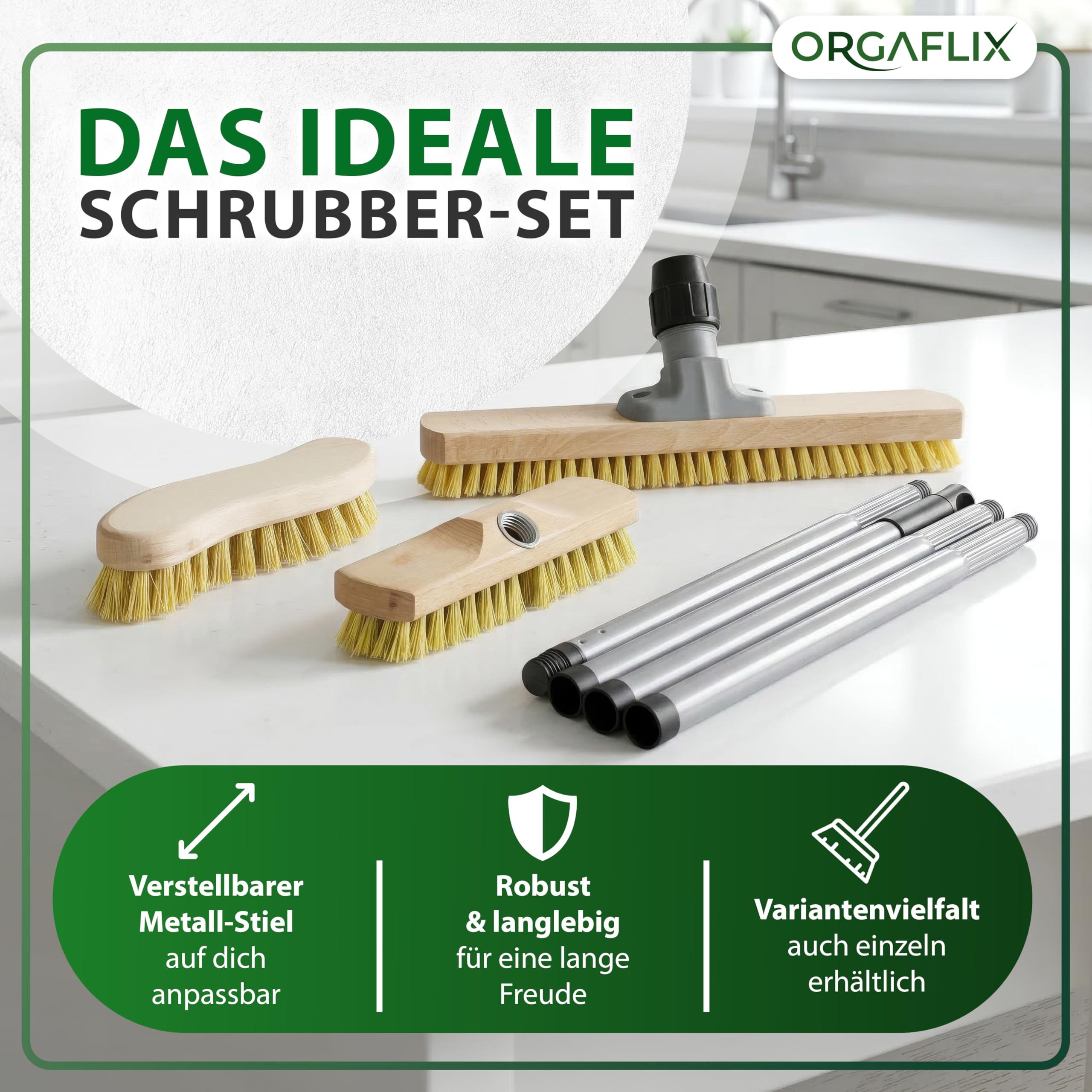 ORGAFLIX Profi Schrubber Set 3-teilig mit Stiel, Bodenschrubber 40 cm, Schrubber 22 cm, Scheuerbürste
