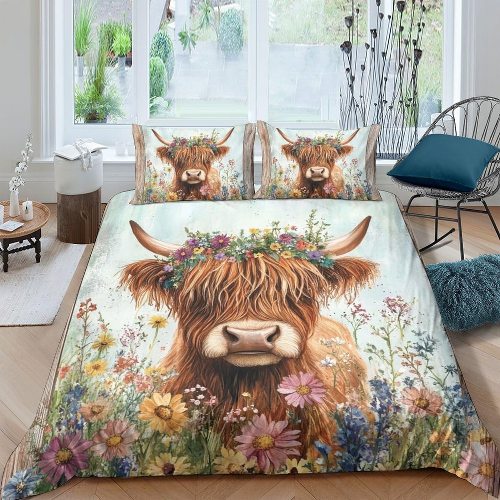 Ctjqhvkz Style-6 3D Printed Highland Cow Floral Fitted Sheet Microfiber Soft Breathable Wildflower Bed Cover For Bedroom Guest Room Single（135X200cm）