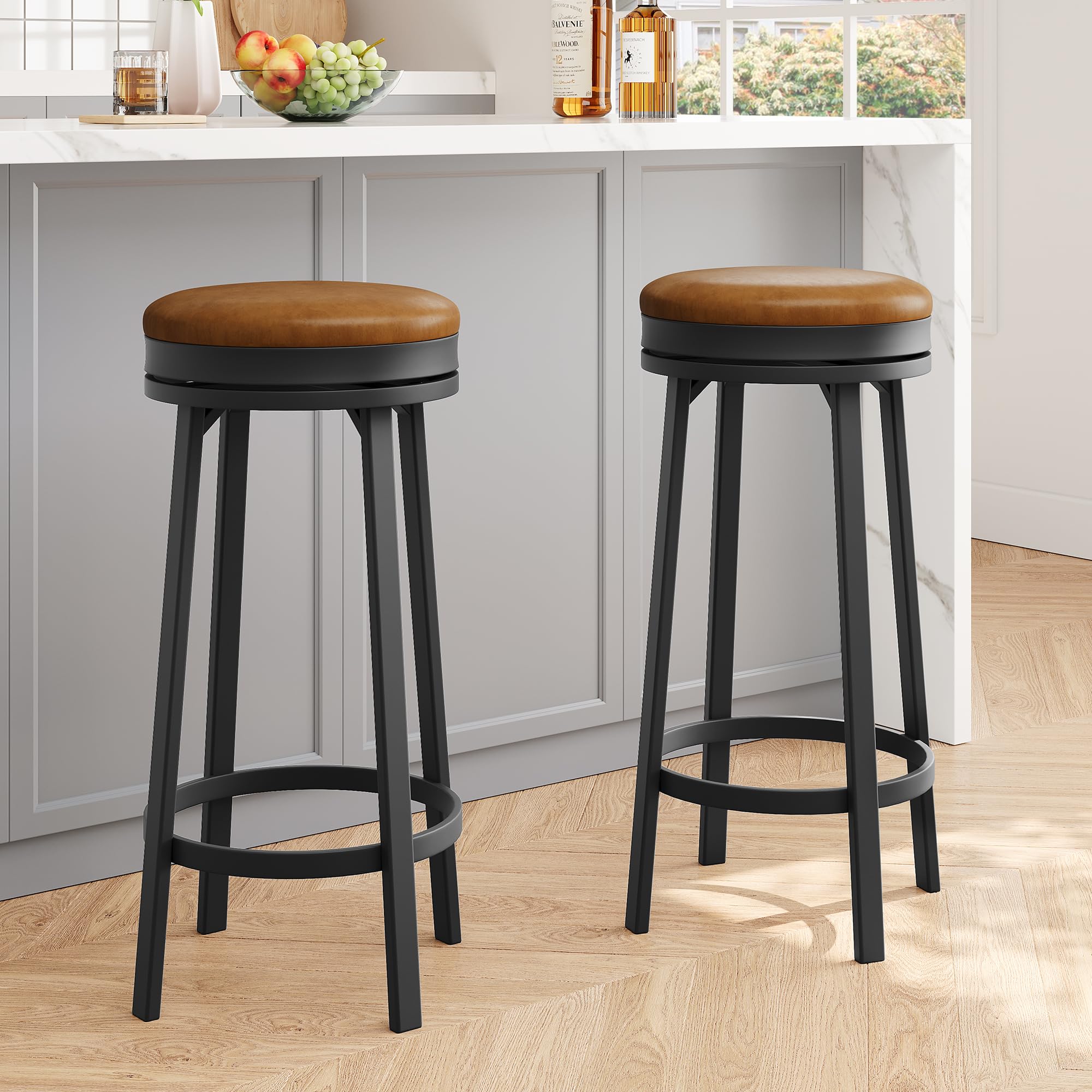 GAOMON 30 inch Swivel Bar Stools Set of 2, Counter Height Barstool with Footrest and PU Leather Upholstery, Metal Frame, Kitchen Barstools for Kitchen