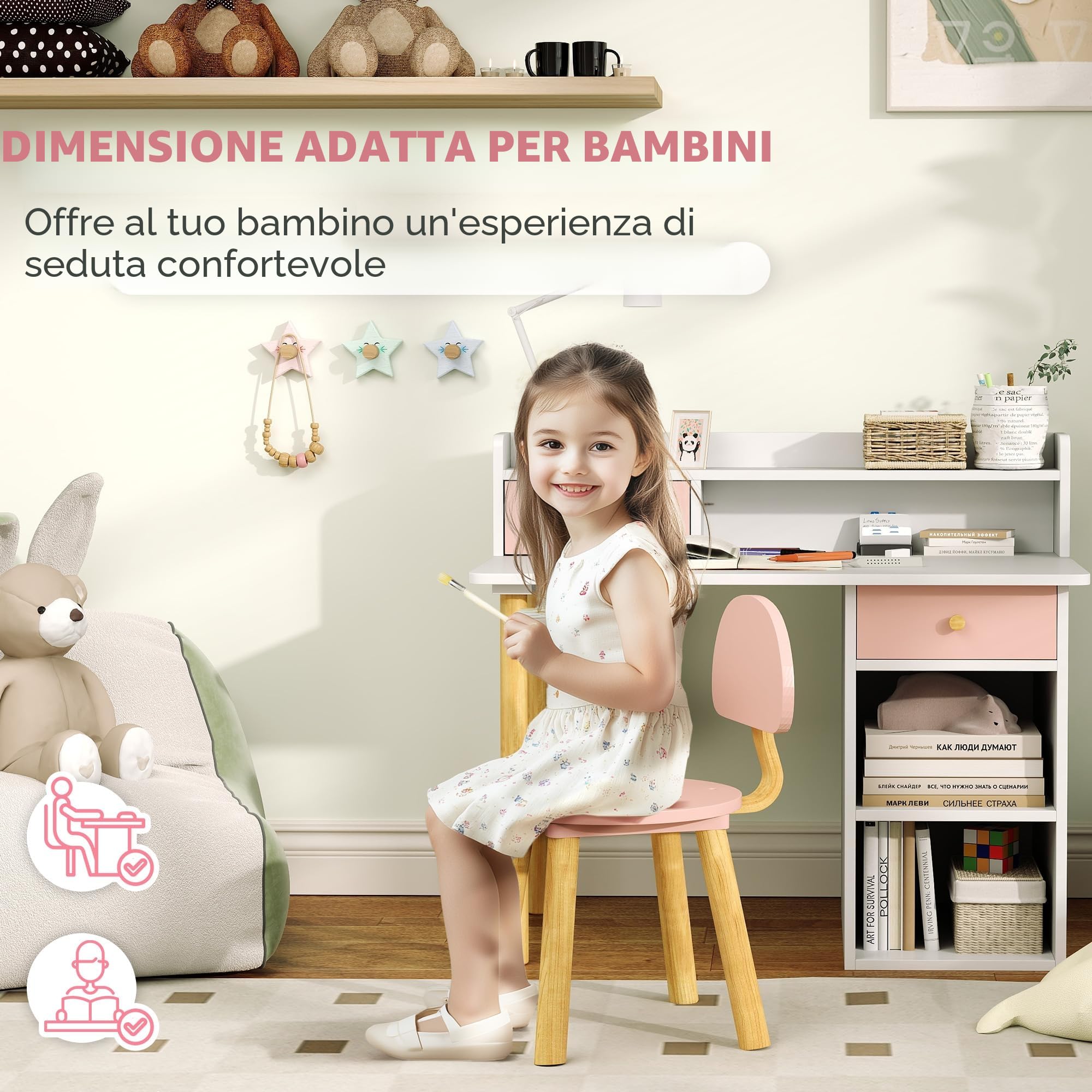 AIYAPLAY Set di scrivania e sedia per bambini +3 anni Scrivania per bambini con cassetti, scomparti e ripiani per la camera da letto e la sala studio Rosa e bianco