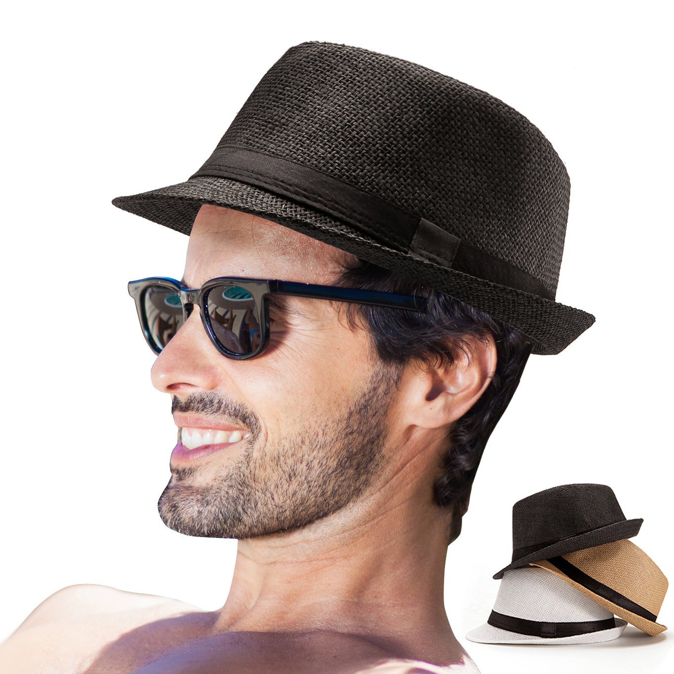 LADYBRO 7 1/4 Straw Fedora Hats for Men Summer Short Brim Trilby for Travel (Pack of 3, M/L)