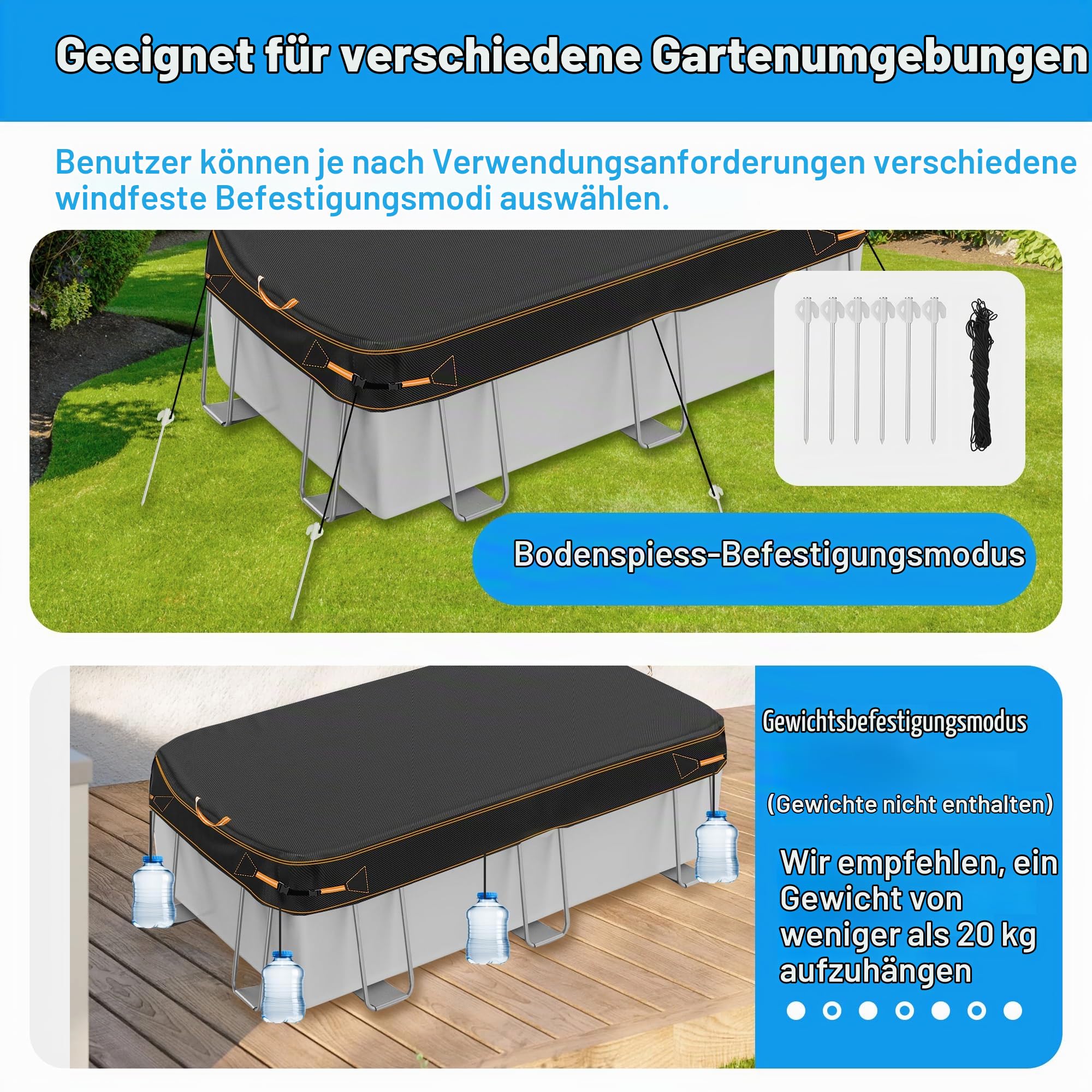 rechteckige Pool Abdeckung, 4x2m Heavy Duty Stoff Abdeckungen für oberirdische Schwimmbäder, einschließlich Seil Krawatte & Nägel, Winddicht reißfest wasserdicht UV-beständig