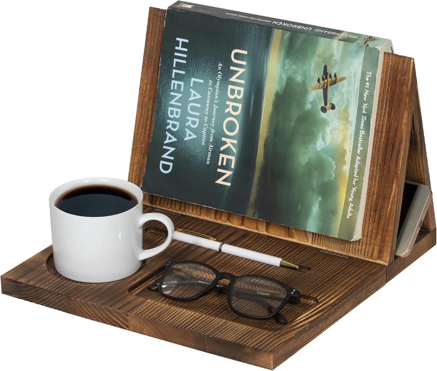 Wooden Book Holder for Page Rest,Book Valet Book Stand with Cup,Glass&Pen Holder,Idea Gift for Book Lover and Table Décor.