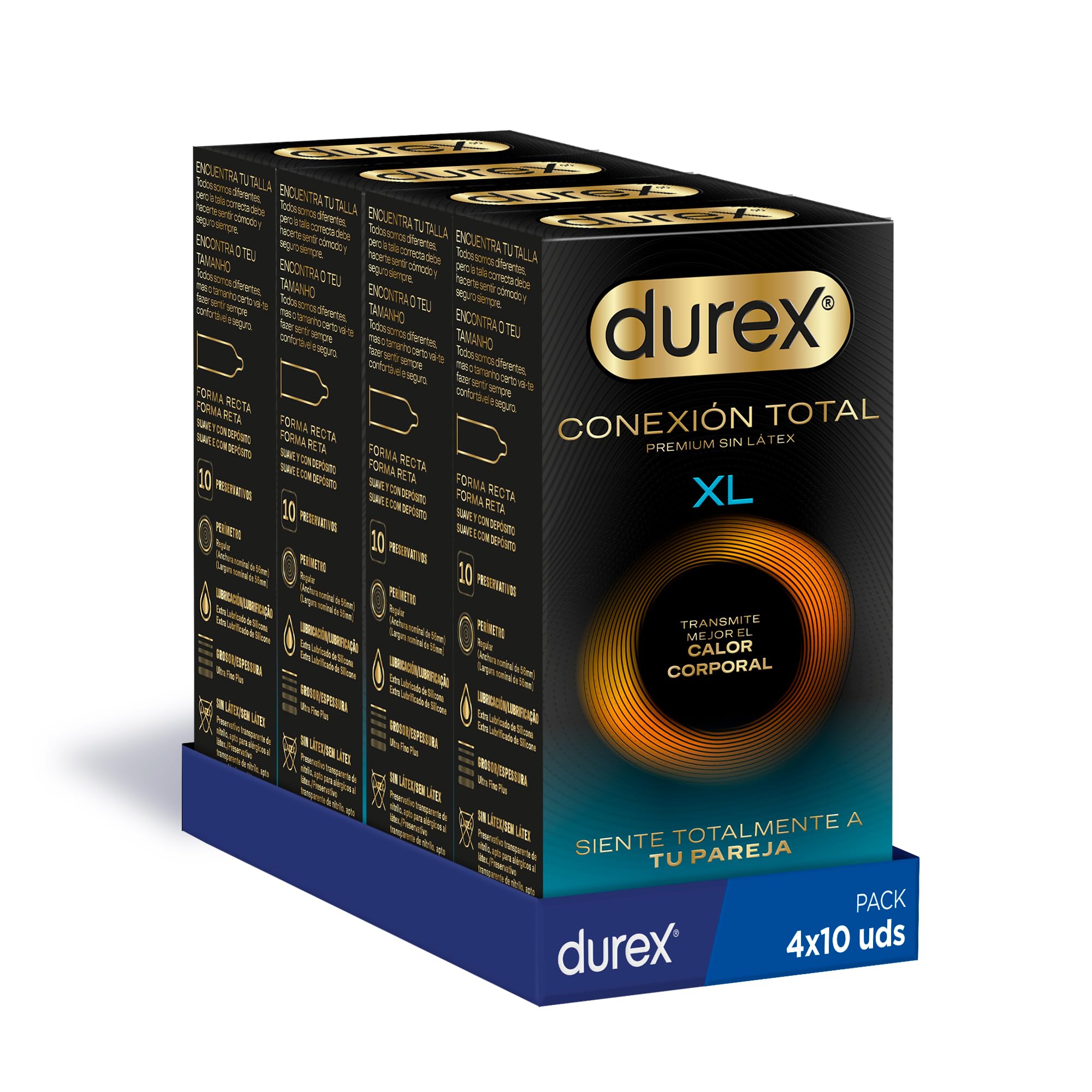 Durex Conexión Total XL Preservativo Ultra Fino Plus sin Látex con Tecnología Body Feel que Transmite Mejor el Calor Corporal, 40 Condones XL