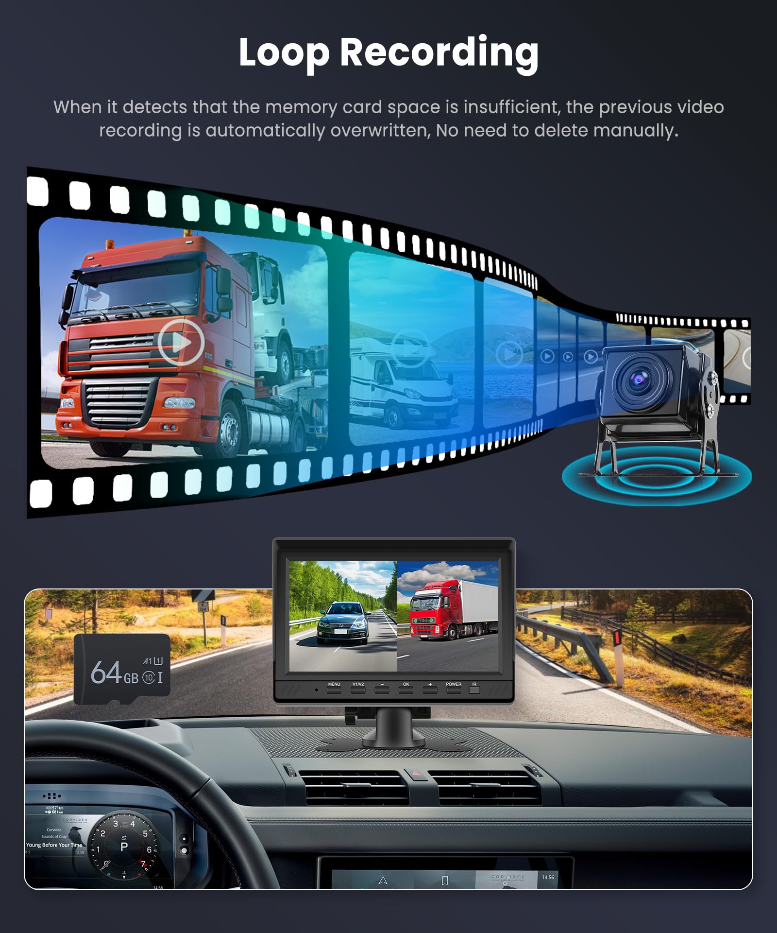 VECHTEL 2*Rückfahrkamerakabel mit 7"-Monitor, Einparkhilfe, 18-LED-Rückfahrkamera, Nachtsicht/IP68 wasserdicht für SUVs, Loop-Videoaufzeichnung mit 64-GB-SD-Karte, 12–24 V DC