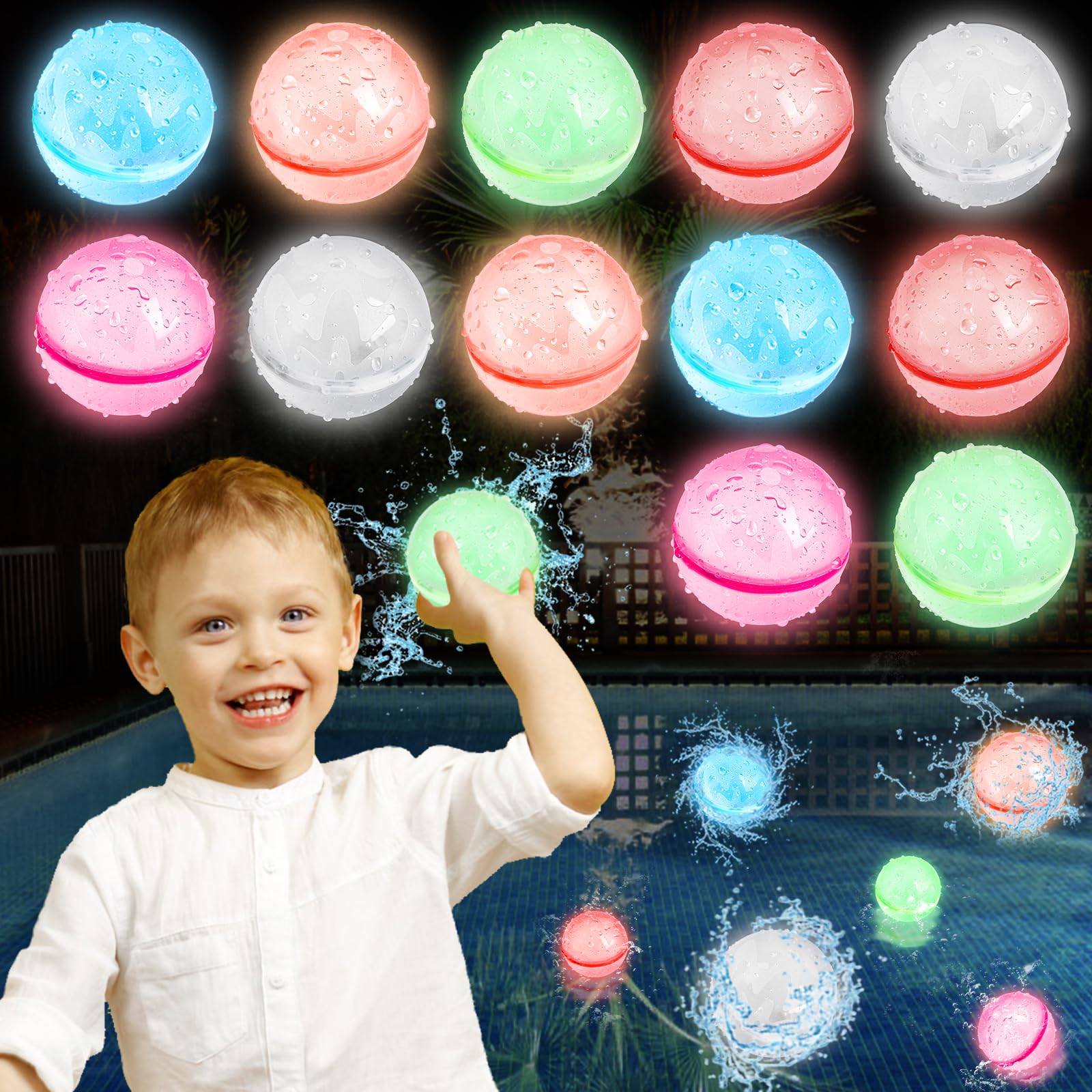 JONRRYIN Globos de Agua, Globos de Agua Reutilizables Luminoso, Autosellante Globos Agua para Niños y Adultos, Juguetes Acuáticos de Verano en Jardín Piscina Playa Fiestas (12)