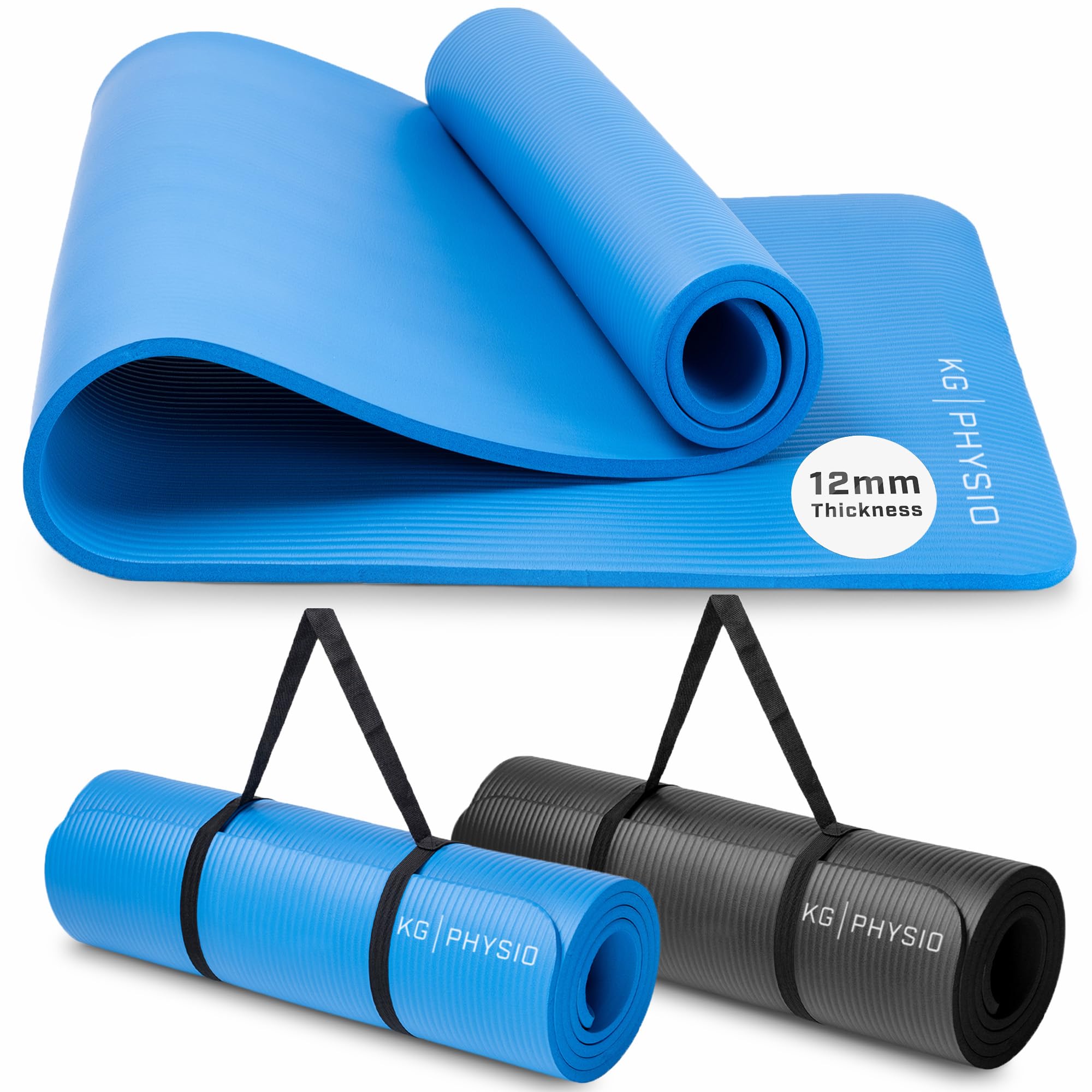 Yoga Mat by KG Physio - Yoga Mats for Women & Men, Foam Exercise Mats, Pilates Mat Thick Non Slip Gym Mats for Home Workout at Home Fitness, Foam Mats Thick (12mm) (Blue)