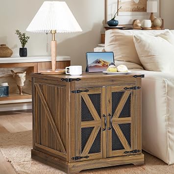 Farmhouse End Table with Charging Outlet, 24 L x 24 W x 25 H Rustic Industrial Farmhouse Side Table & Storage Cabinet, End Tables Living Room,Bedroom Brown