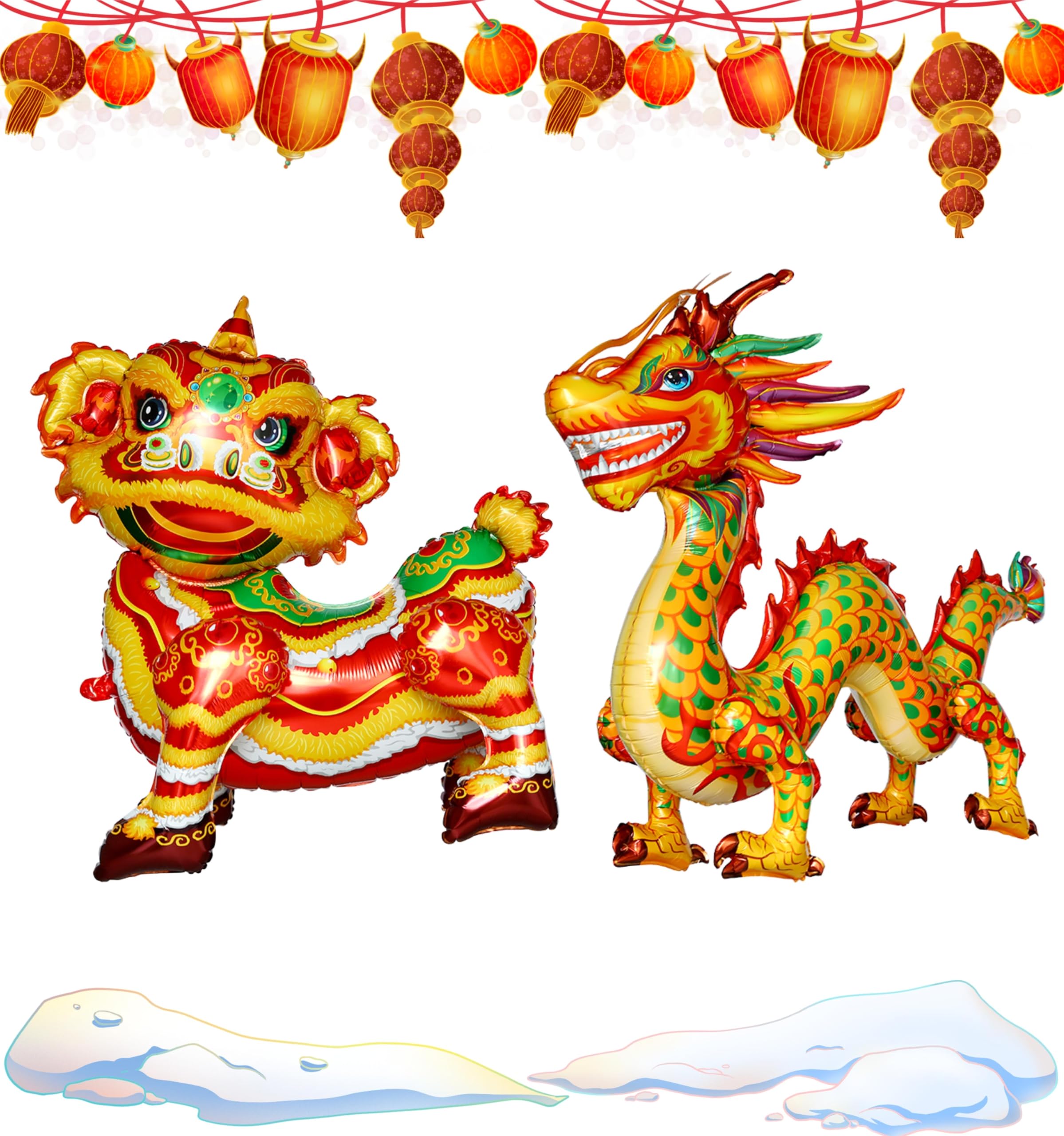 Chinese New Year Decoration, 30inch Large Size Self Standing Chinese Dragon and Dancing Lion Inflatable Foil Balloons for Chinese New Year Decor Lunar Spring Festival Gift