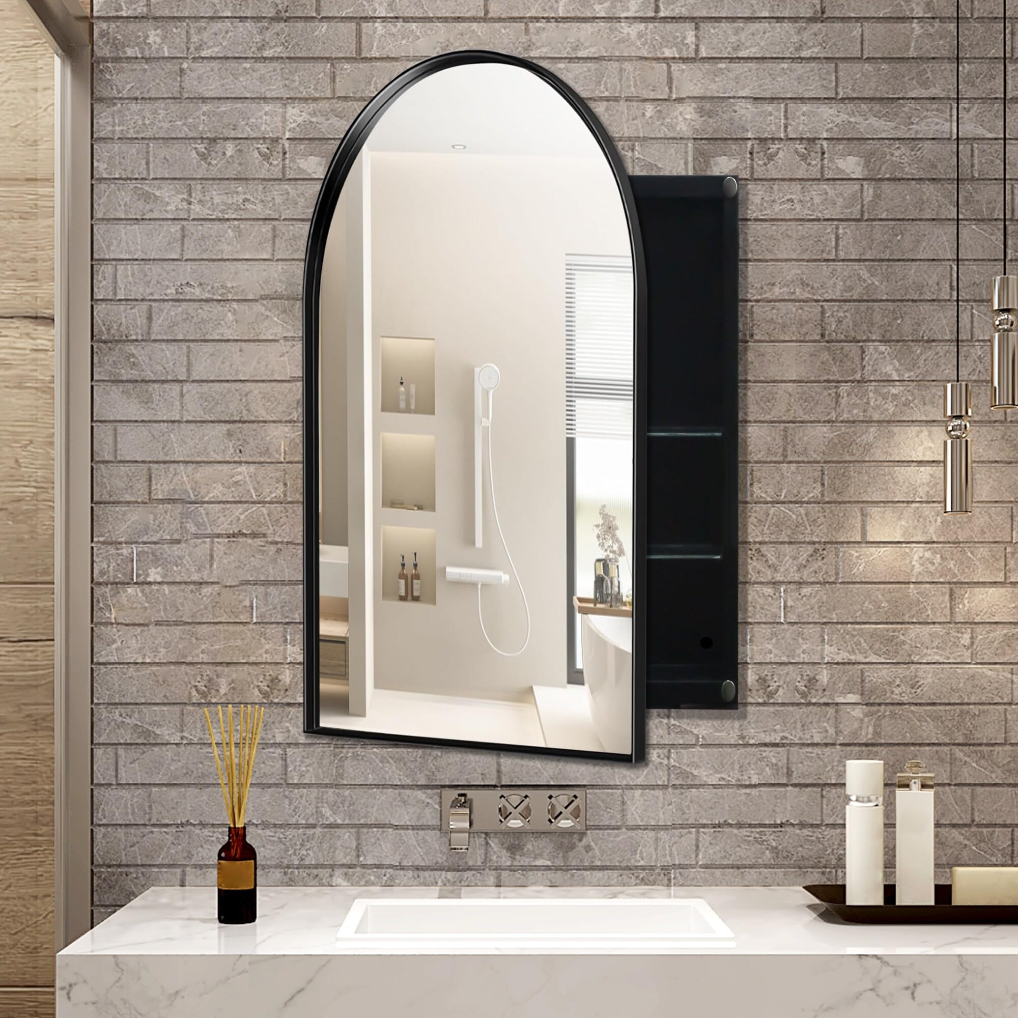 Bed Bath & Beyond 24" * 36" Arched Recessed Black Metal Framed Medicine Cabinet with Mirror - 35.8 inches L x 24 inches W x 4.7 inches H