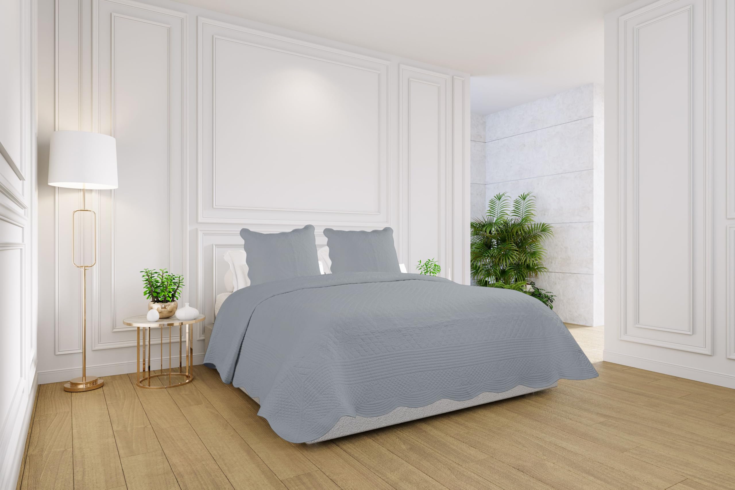 Couvre lit Boutis 2 Places 100% Coton 240 * 260cm avec 2 taies 65 * 65cm, Piqué Brodé Uni, Couleur Uni Gris, Bastidon Gris