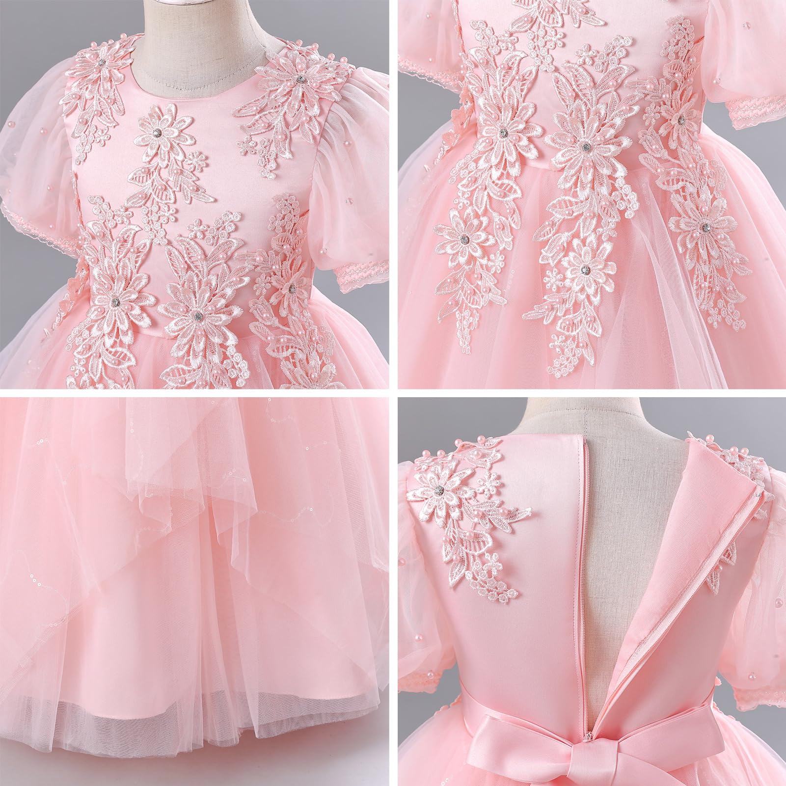 Blumenmädchen Kleid Floral Bestickt Kurze Ärmel Tüll Tutu Prinzessin Kleider Kind Mädchen Hochzeit Brautjungfer Geburtstag Erstkommunion Festzug Maxi Ballkleid 5-11 Jahre