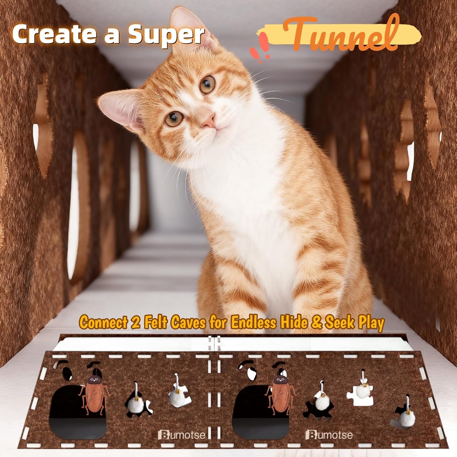 2-Story Large Cat Condo for Indoor Cats with Catnip Toy, Felt Cat Cave House with Scratching Tunnel, No-Tool Assembly Warm Silent Cat Bed for Multi-Cat Households, Durable and Washable, Coffee