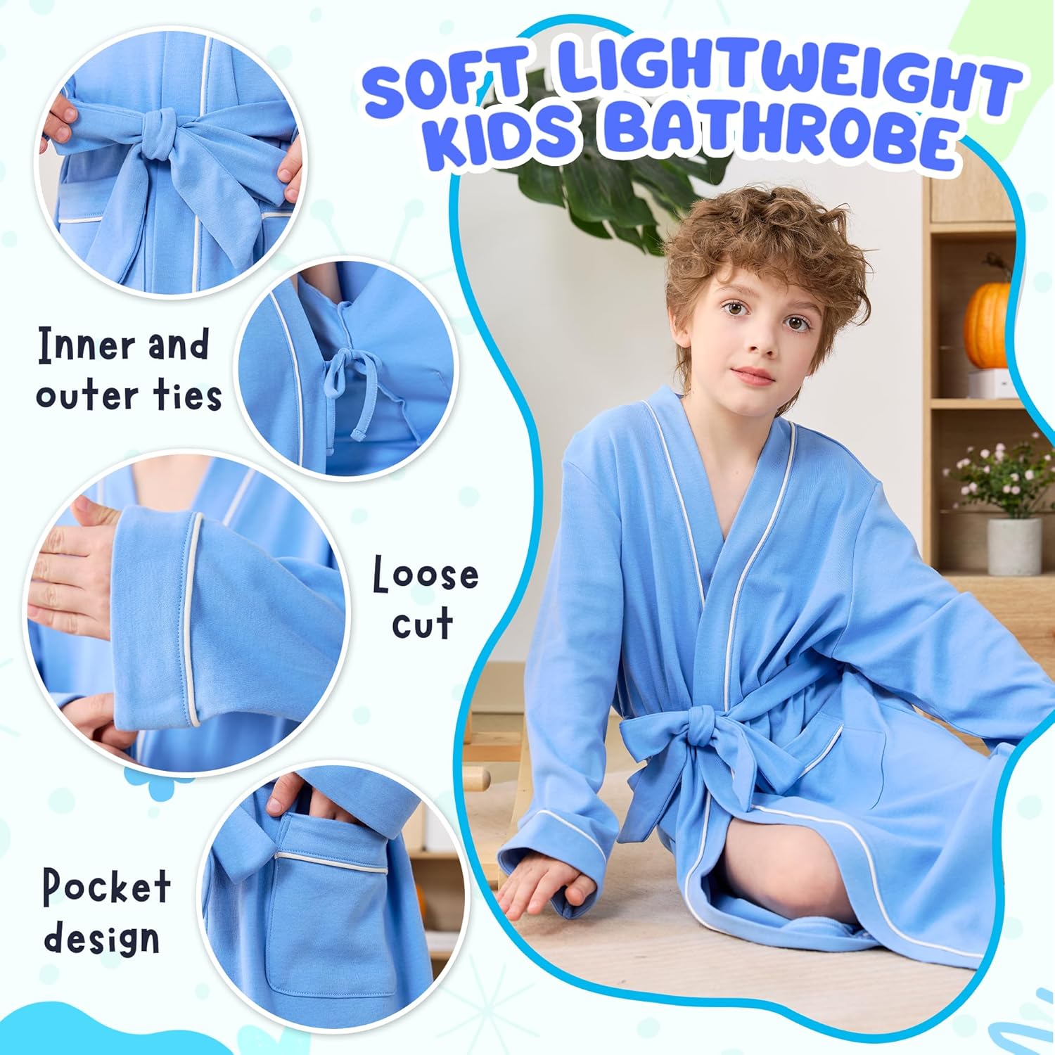 100% Cotton Boys Robe, Soft Spa Kimono Long Bathrobe for Kids 2-12 Years - Image 3