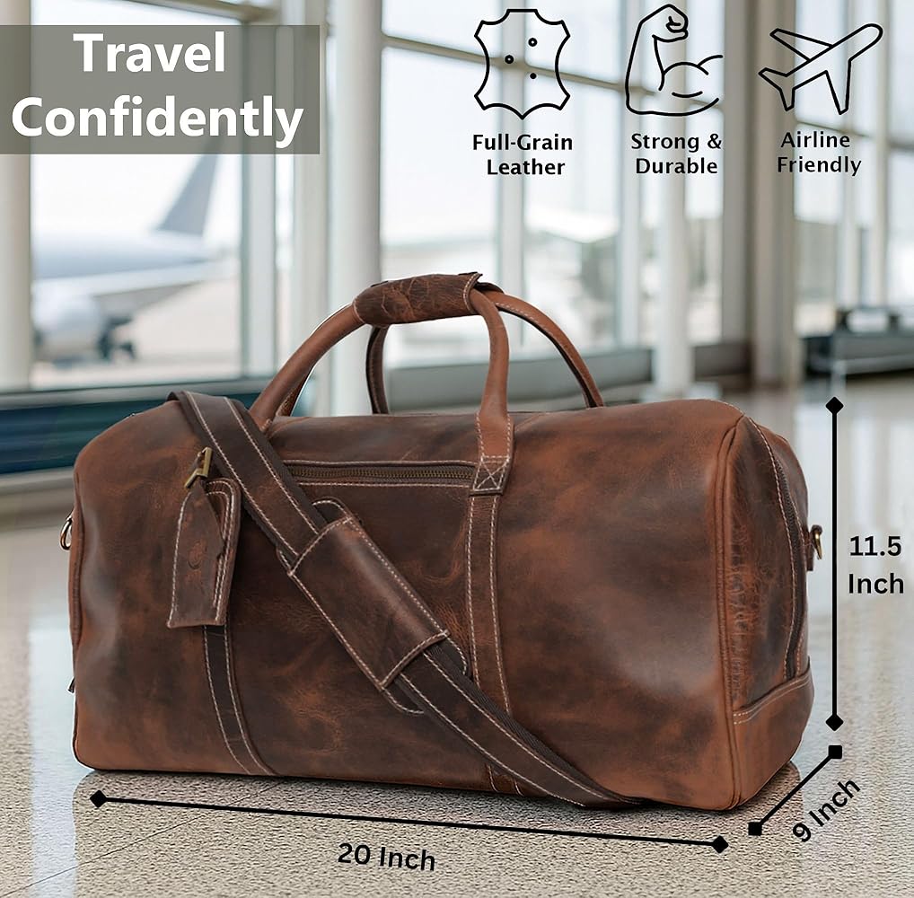 Leather Travel Duffle Bag for Men - Carry On Duffel for Weekend