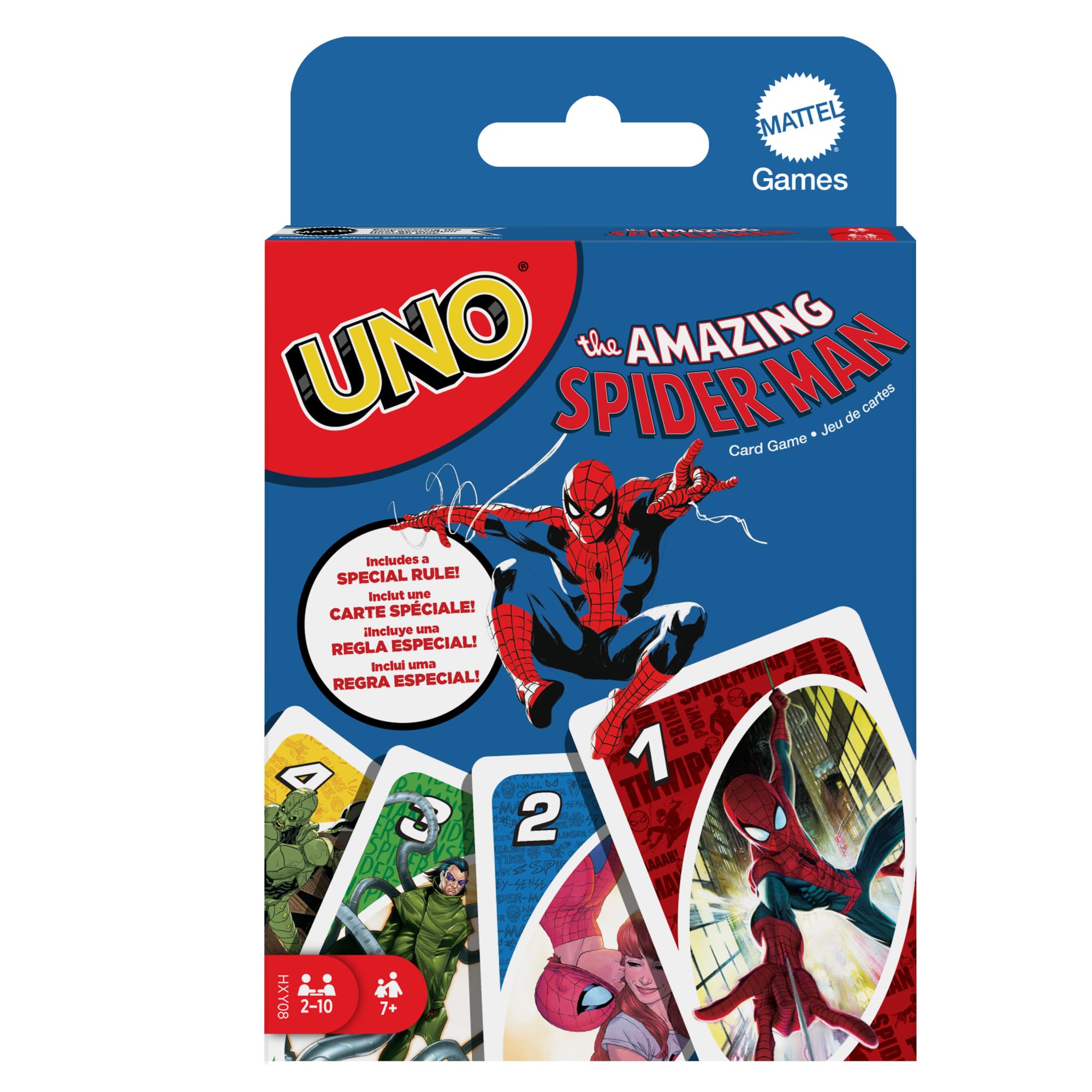 Mattel Games UNO The Amazing Spider-Man Juego de cartas para niños, adultos y familias con baraja y regla especial, inspirado en la serie de cómics de Marvel - Para niños y niñas + 7 años, HXY08