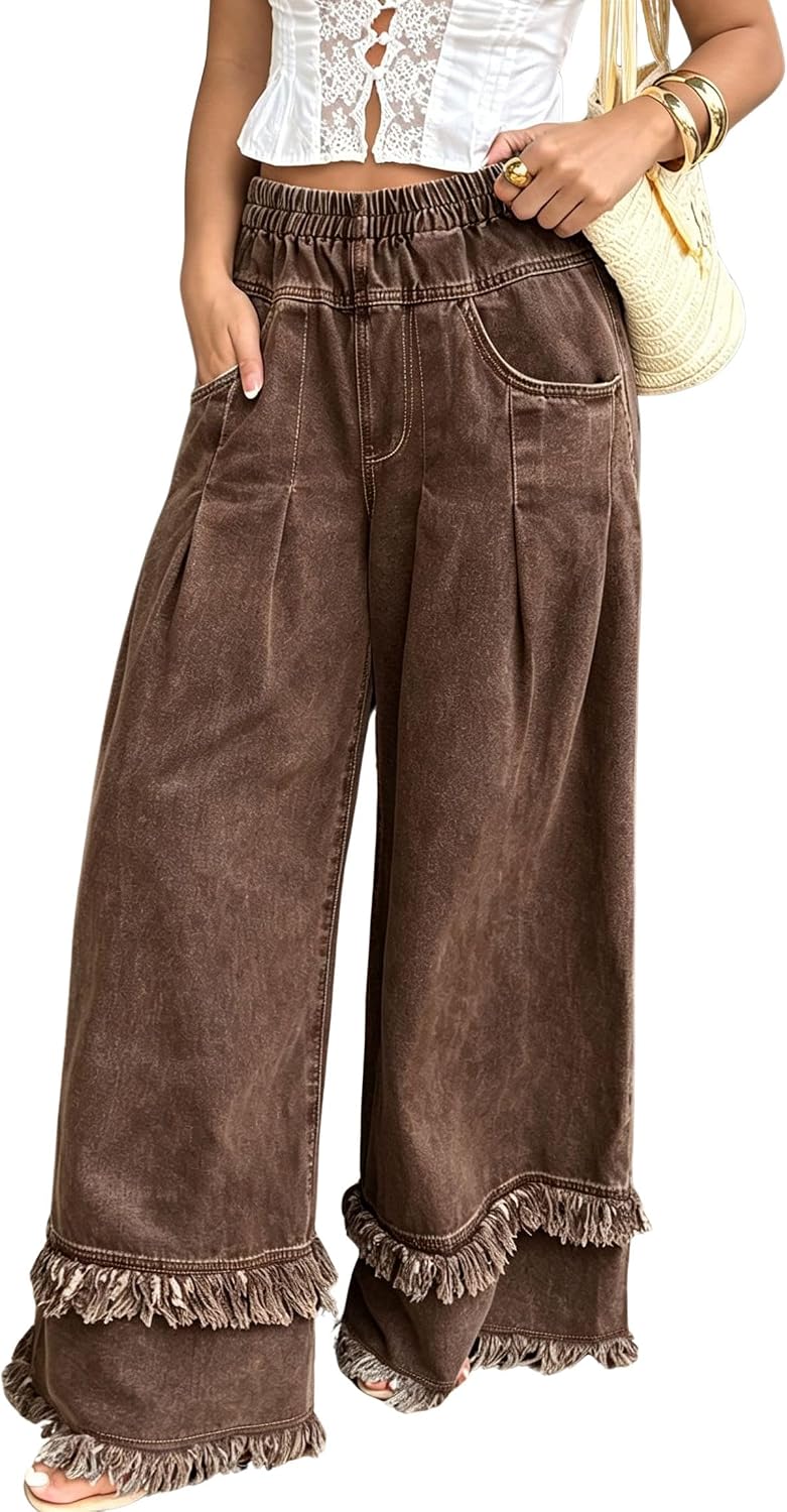 chouyatou Women's Frayed Fringe Wide Leg Jeans Pleated Baggy Denim Pants