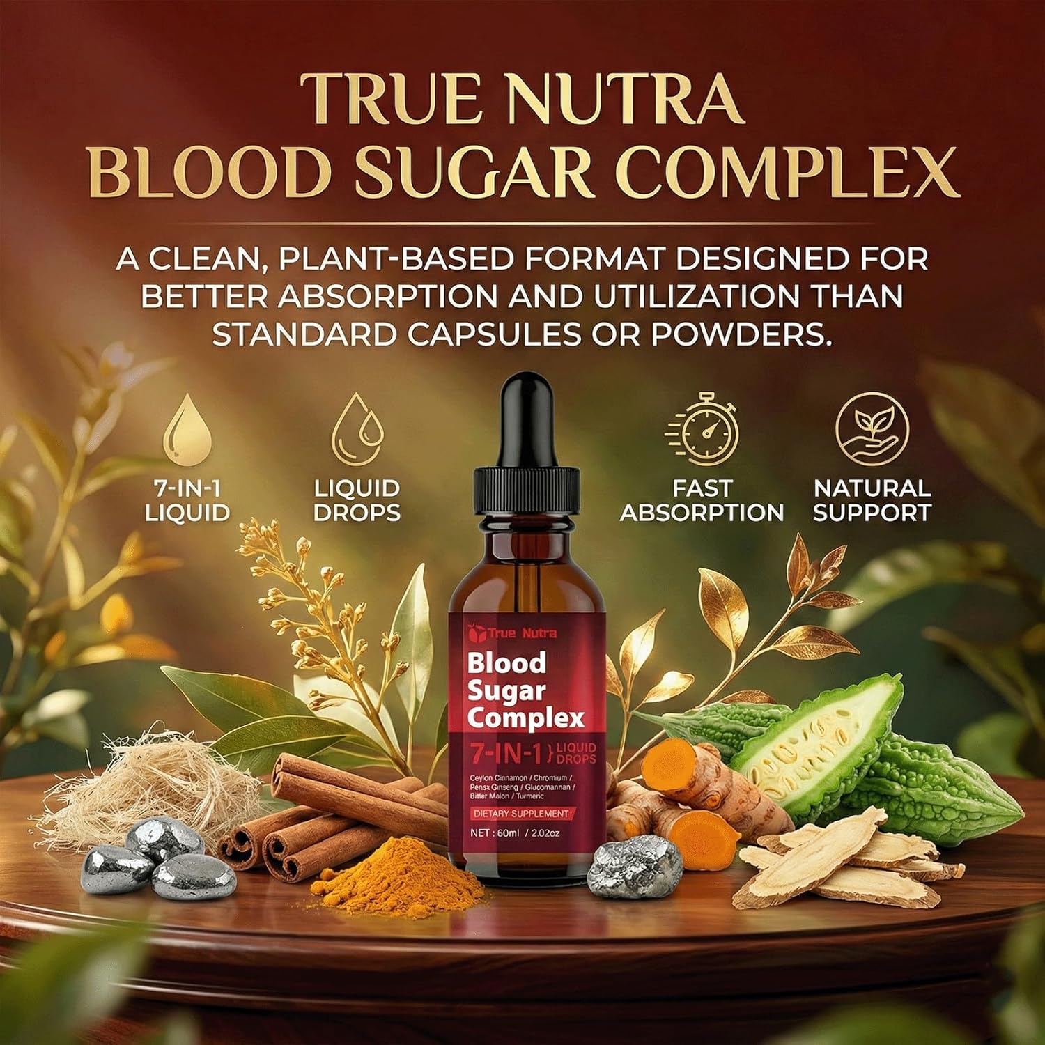 Blood Sugar Complex, 7-in-1 Formula Blood Sugar Support Supplement with Berberine, Ceylon Cinnamon, Chromium, Bitter Melon, Turmeric, Ginseng, Glucomannan (1PCS)