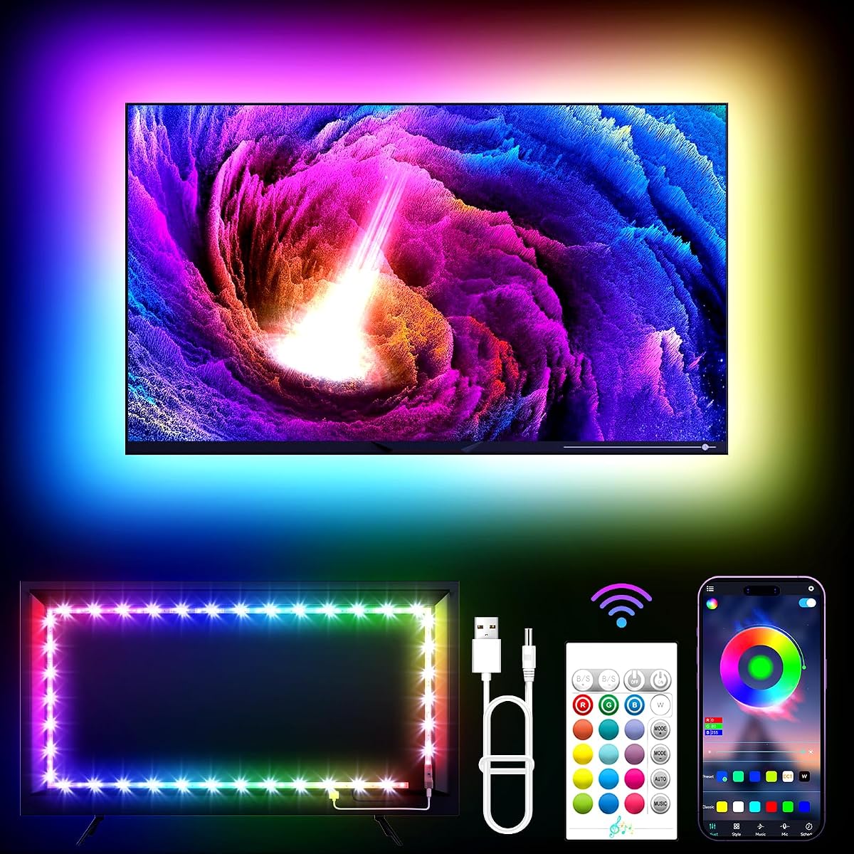 KANTUTOE Luces LED para TV, luces LED de 11.5 pies para TV de 32 a 55 pulgadas, retroiluminación de TV RGB detrás con control remoto, sincronización de música, control de aplicación Bluetooth, luces de tira alimentadas por USB para dormitorio, PC, monitor de juegos