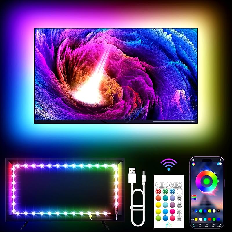 KANTUTOE Luces LED para TV, luces LED de 11.5 pies para TV de 32 a 55 pulgadas, retroiluminación de TV RGB detrás con control remoto, sincronización de música, control de aplicación Bluetooth, luces de tira alimentadas por USB para dormitorio, PC, monitor de juegos