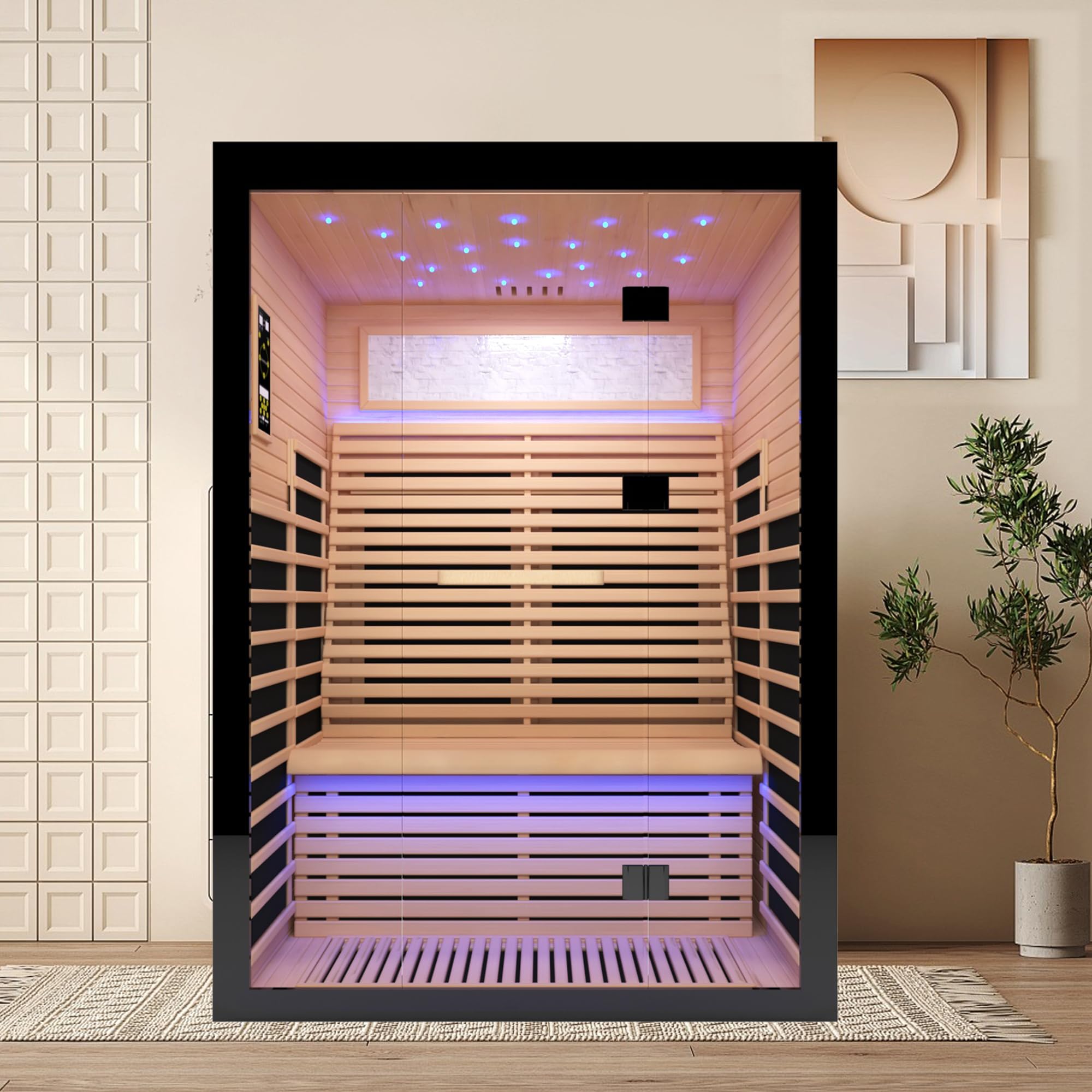 SUNTAGE Luxuriöse große Ferninfrarot-Sauna für Zuhause, kanadische Hemlock-Holzsauna mit 8 Epoxid-Heizplatten, 2160 W hohe Leistung, Sternenlicht und zweifarbiger Streifen, 150 kg Belastung