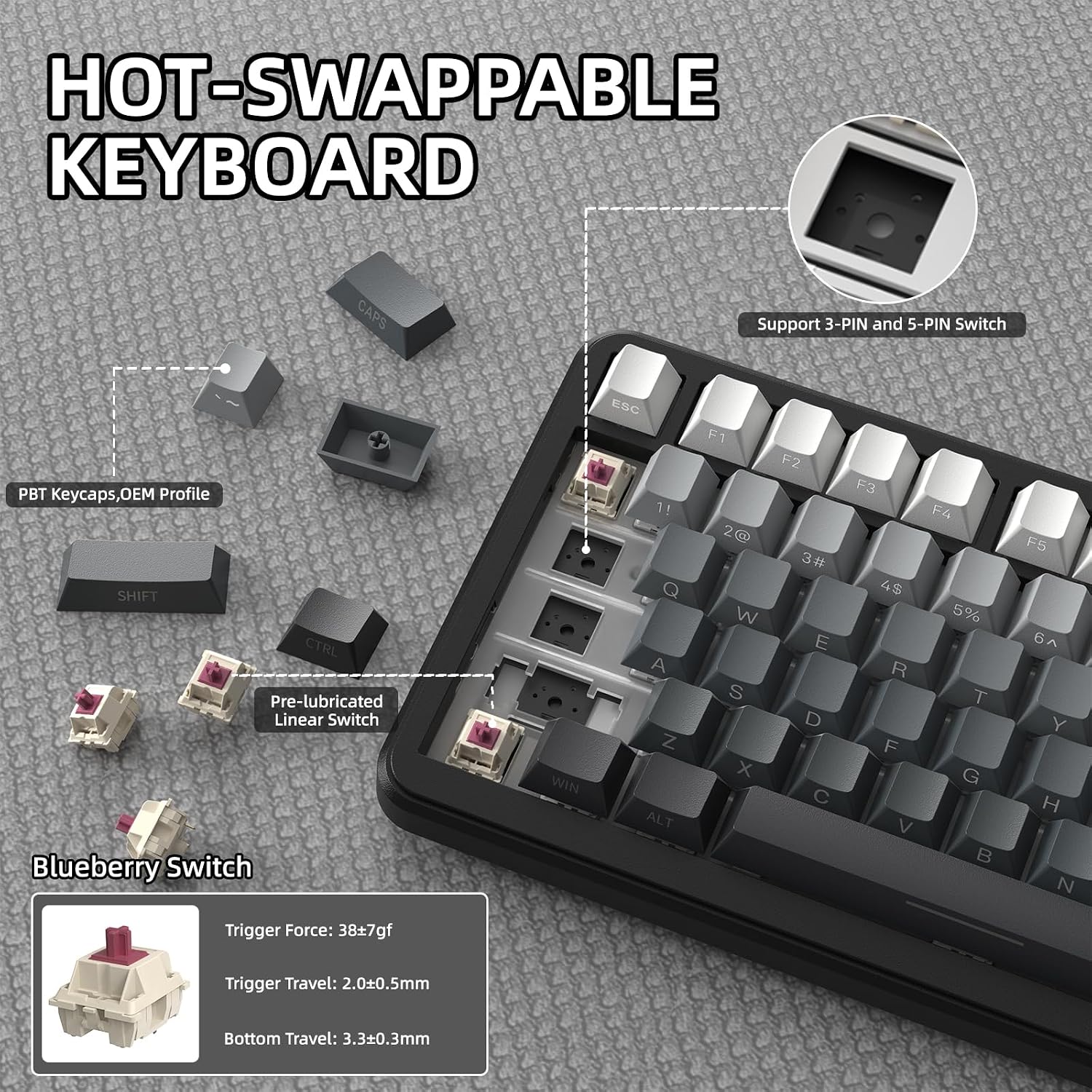 ATTACK SHARK X85PRO 75% Wireless Mechanical Keyboard,TFT Smart Display & Knob,BT/2.4GHz/Wired Gaming Keyboard,Side Printed & 5 Color PBT Keycaps,Gasket, RGB,Hot-Swap,with Pro Cable, for PC/MAC (Moon)
