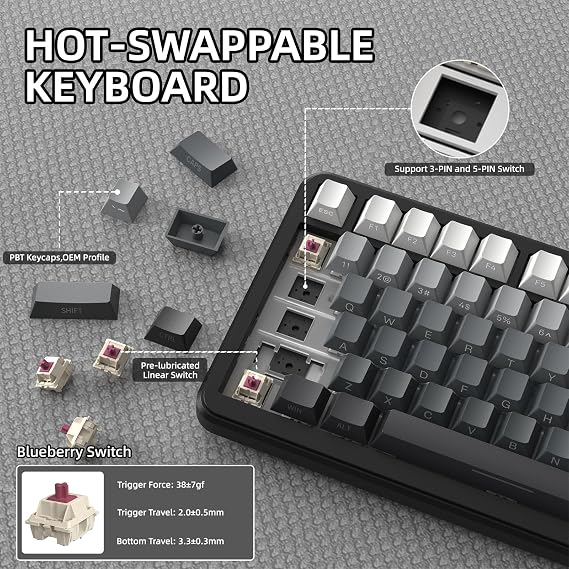 ATTACK SHARK X85PRO 75% Kablosuz Mekanik Klavye – TFT Ekran, Gasket Yapı, RGB Işıklandırma, Hot-Swap, 4000mAh Pil, BT/2.4G/USB-C Üçlü Bağlantı, QMK Desteği – Moonlit