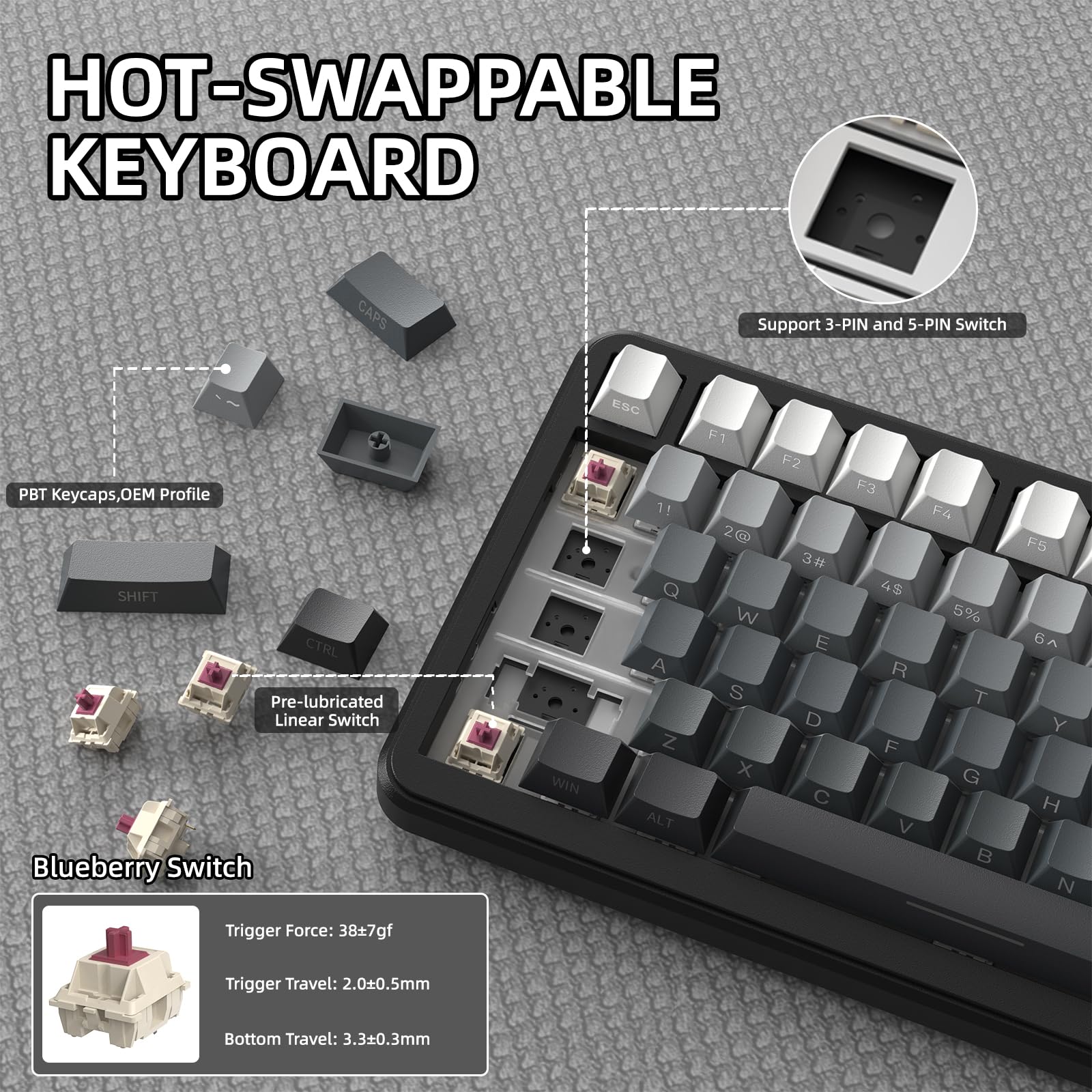 ATTACK SHARK X85PRO Teclado mecánico inalámbrico con Pantalla TFT y Perilla, Teclado para Juegos montado en Junta 75% QMK, 2.4G/BT/USB-C, Intercambiable en Caliente, 4000mAh, RGB (Notte di Luna)