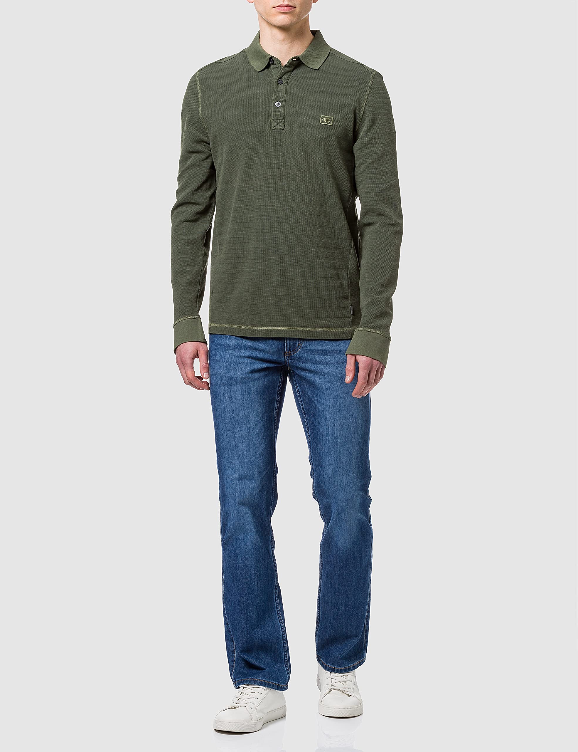 camel active Herren Langarm Polohemd Poloshirt Pique Leicht Angerauht Olive