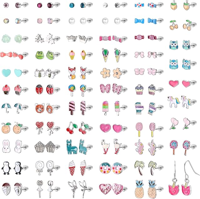 CASSIECA 64 Pairs Hypoallergenic Stud Earrings Set for Girls Sensitive Ears With Stainless Steel Post in Vivid Colors and Multistyles Cute Earrings for Teen Girls Little Girls Animal Earrings for Kids