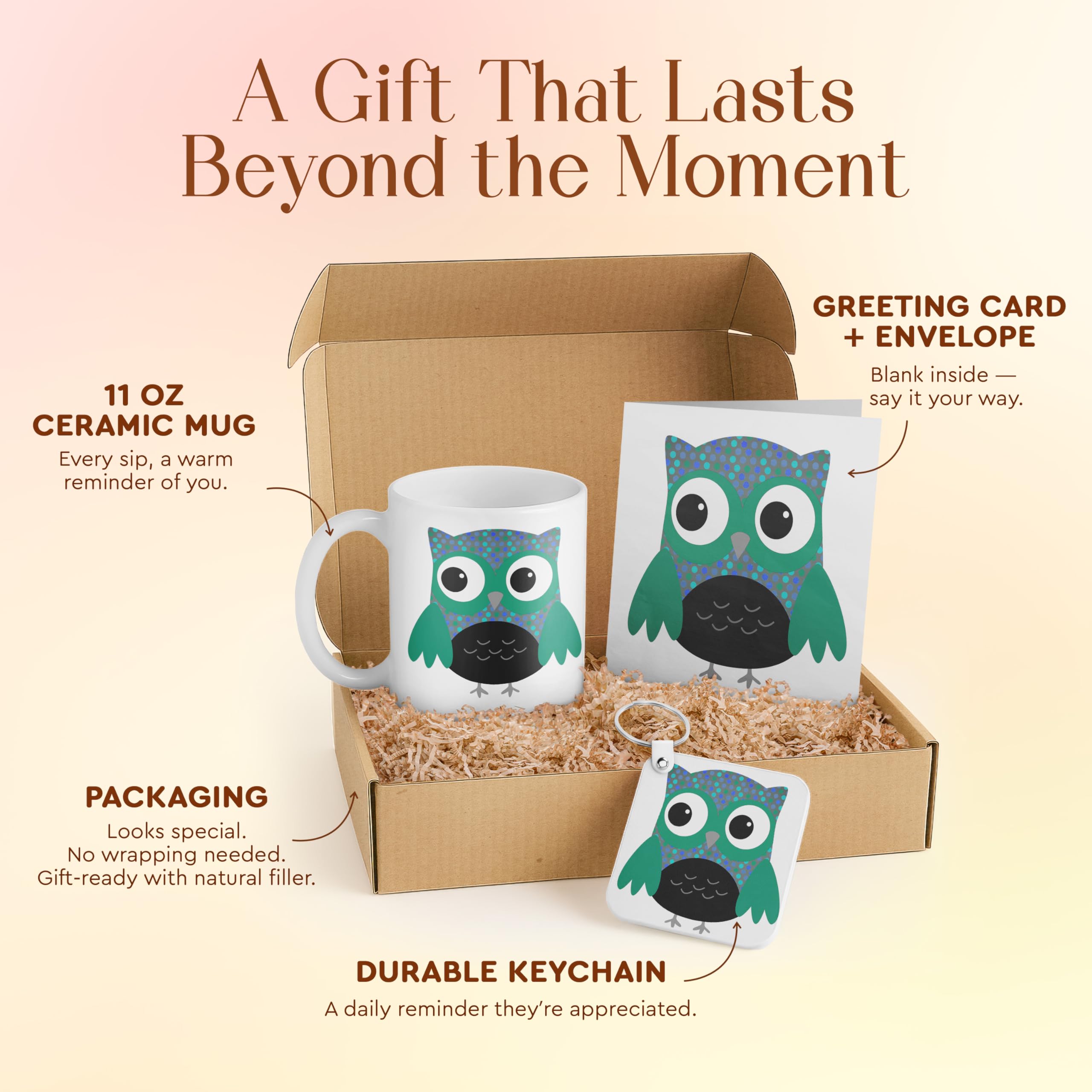 3dRose Cute Owl Gift Set for Kids – Mug, Keychain, and Card – Perfect for Birthdays, Teachers, and Special Occasions