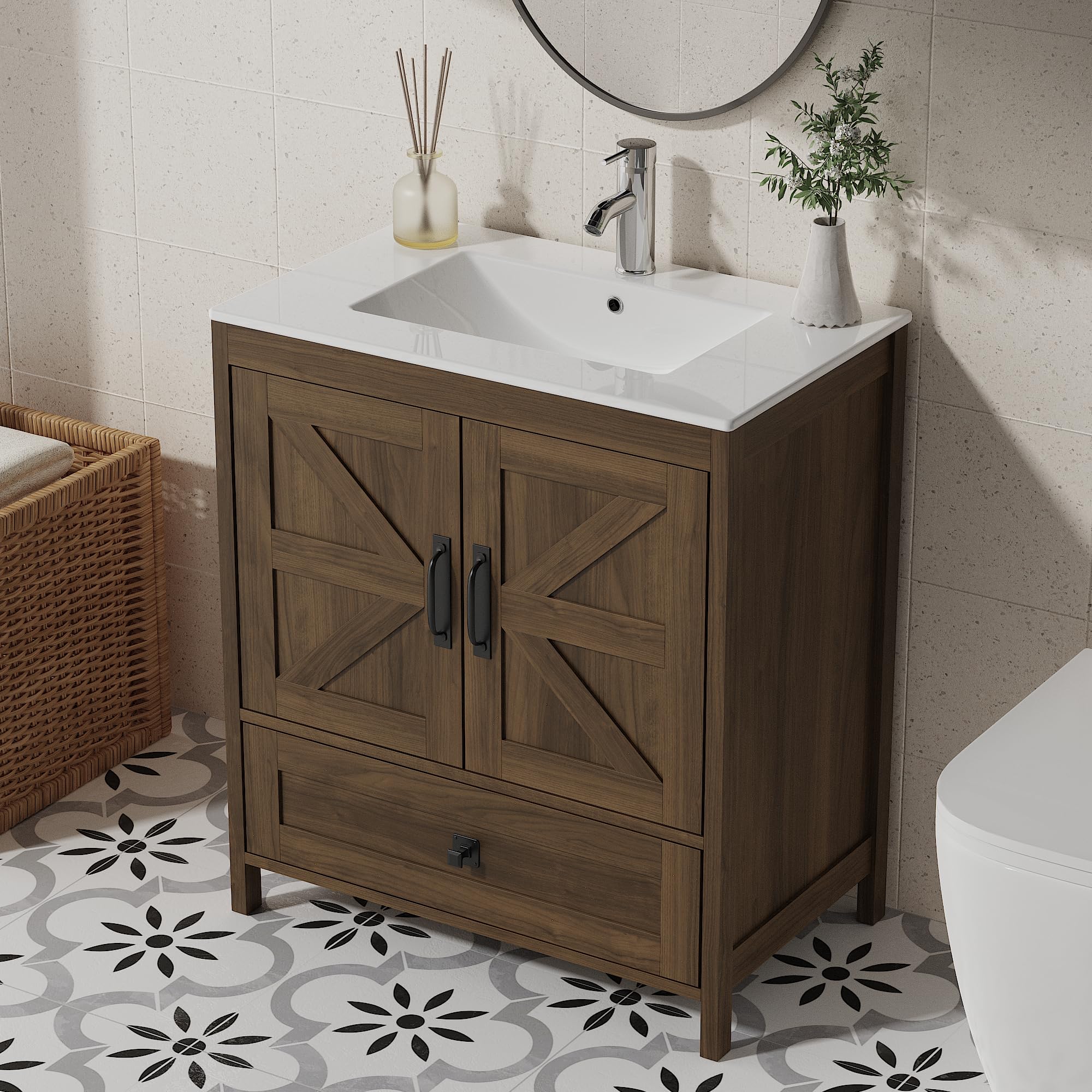 (don’t included ceramic sink) Ayiseedmid 24 Inch Farmhouse Bathroom Vanity with Ceramic Sink, Wooden Cabinet with Undermount Sink, Bathroom Storage