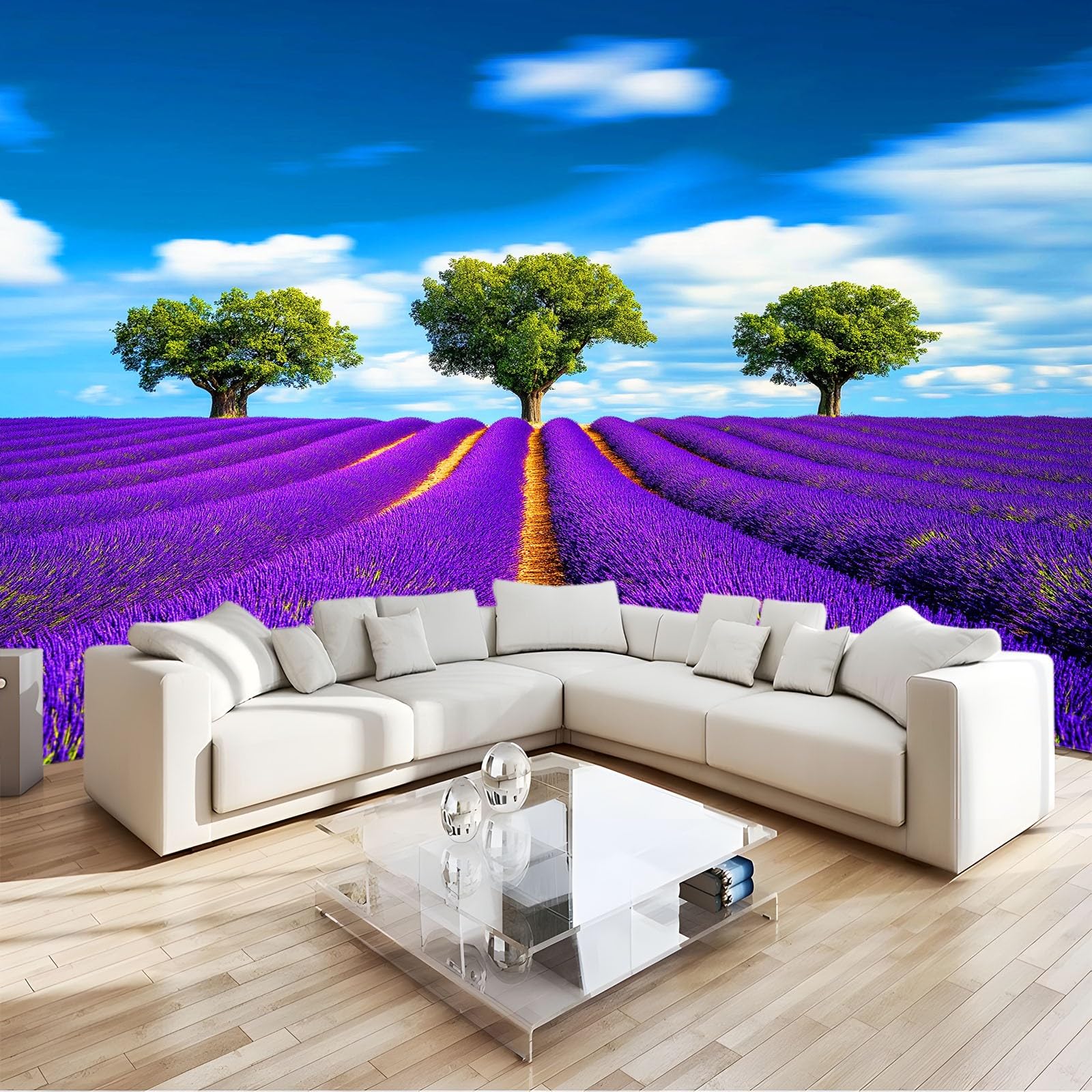 Panoramiczna tapeta wiejska lawendowe błękitne niebo morze kwiatów, fototapeta 200 x 140 cm gigantyczny plakat ścienny 3D do salonu pokój dziecięcy tło telewizora restauracja ścienna, wielokolorowy