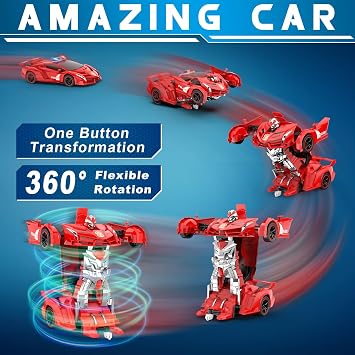 FDJ Transform Remote Control Car Robot, One Button Deformation to Robot with Flashing Light, 2.4Ghz 1:18 Scale Transforming Police Car Kids Toys with 360 Degree Rotating Drifting, Toys for Boys Girls