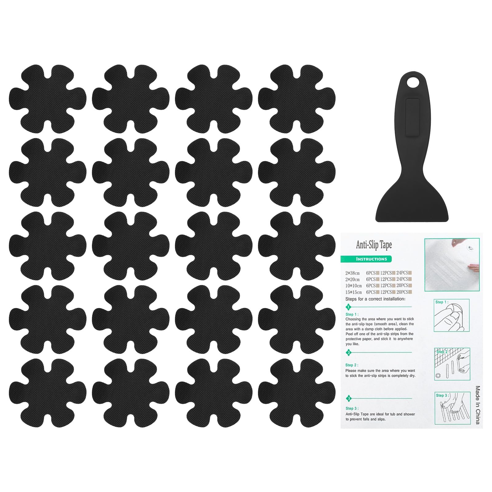 PATIKIL Bathtub Non Slip Stickers 3.9 x 3.9 Inch, 20 Pack Flower Safety Shower Floor Anti Slip Stickers with Adhesive Decals Scraper for Bath Tub Shower Floor Stair, Black