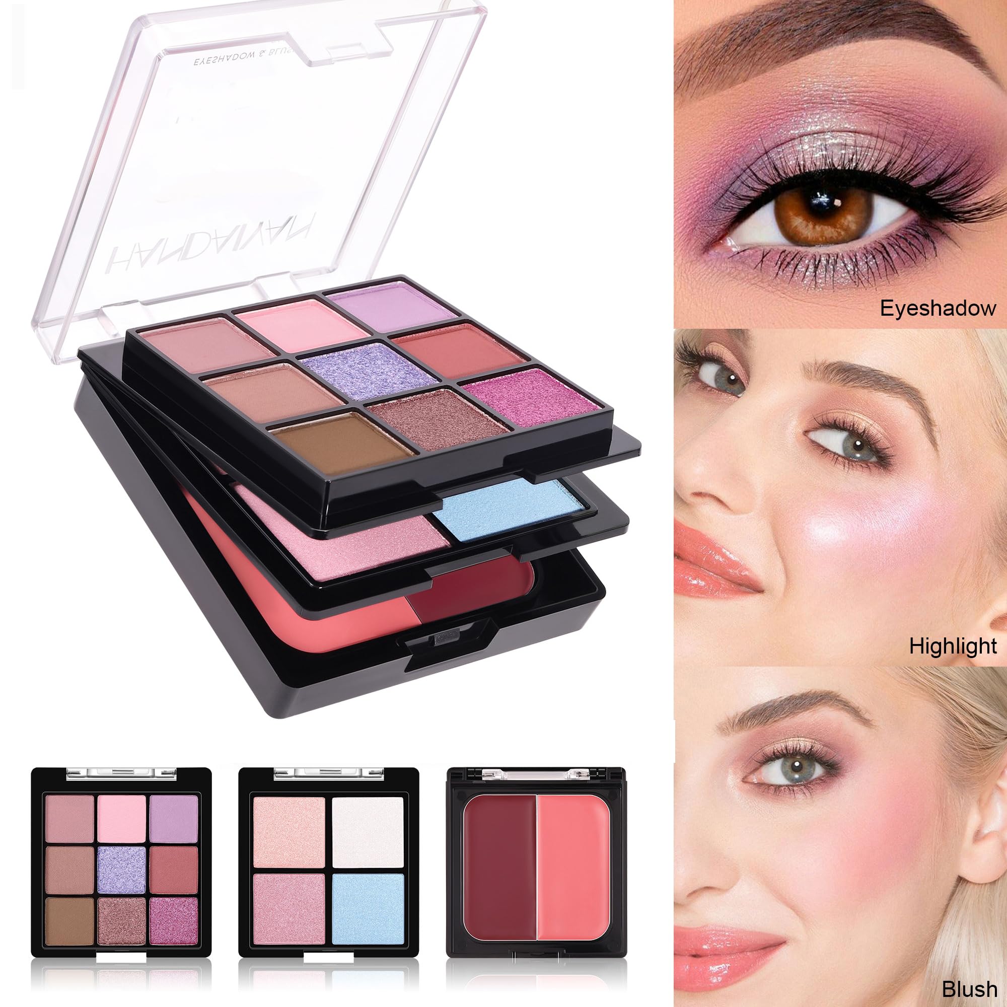 Multifunction Makeup Palette, 9 Eyeshadows, Peach Blush Shades & Shimmery Highlighters - Image 2
