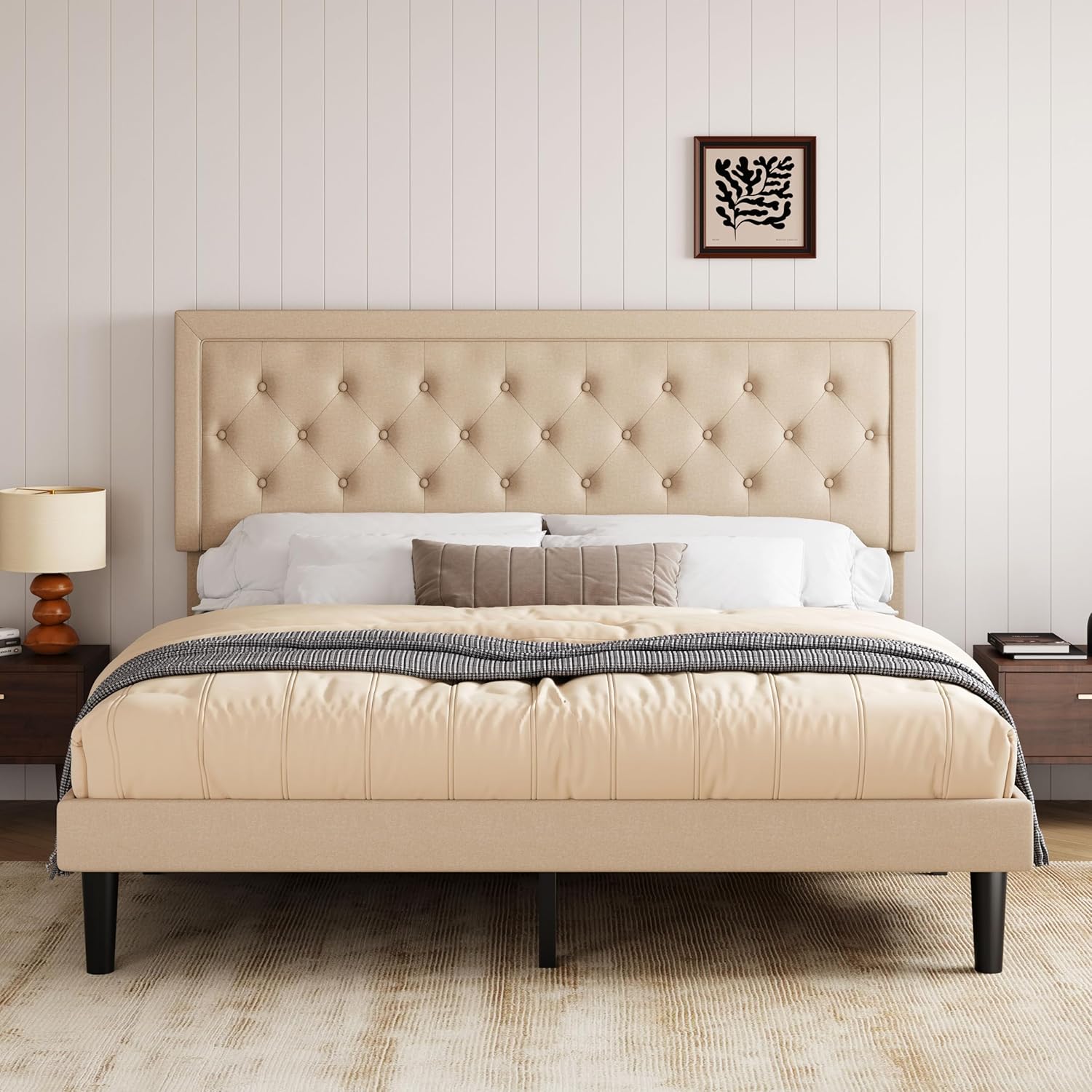 Allewie King Size Fabric Upholstered Bed Frame with Diamond Button Tufted/Adjustable Headboard/Wood Slat Support/Mattress Foundation/Beige