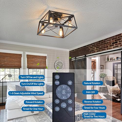 Miniatura 6 de Ventilador de techo rústico con luz, ventilador de techo enjaulado de nogal de 4 luces con luces y control remoto, ventilador de techo rústico para