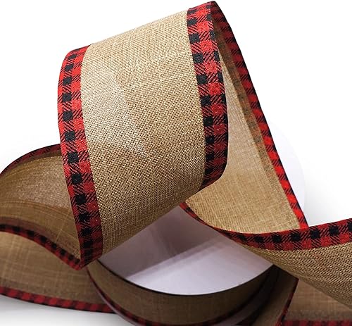 Miniatura 3 de CT CRAFT LLC Cinta de arpillera a cuadros con borde a cuadros con alambre, 2.5 pulgadas x 20 yardas x 1 rollo, negro con rojo, para Navidad,