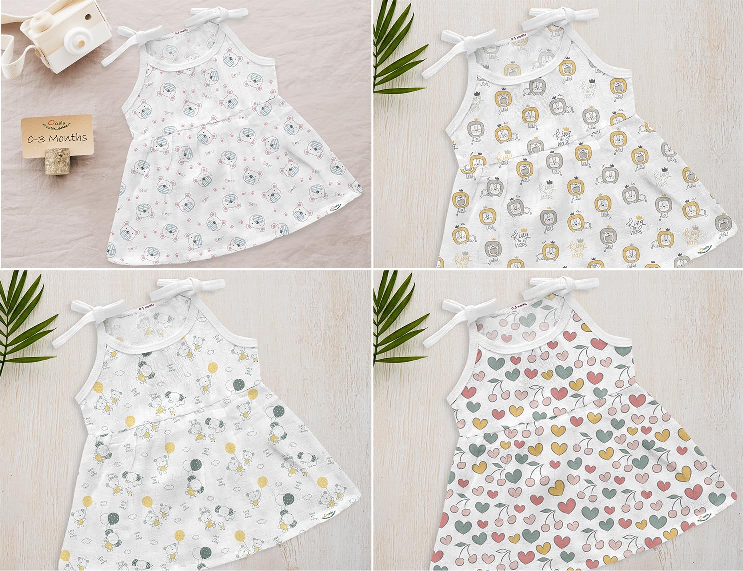 Oasis Baby 100% Organic Cotton Muslin | Assorted Design Set | Knot Frock | New Born Girl | 0-3 Months Baby - Set of 4