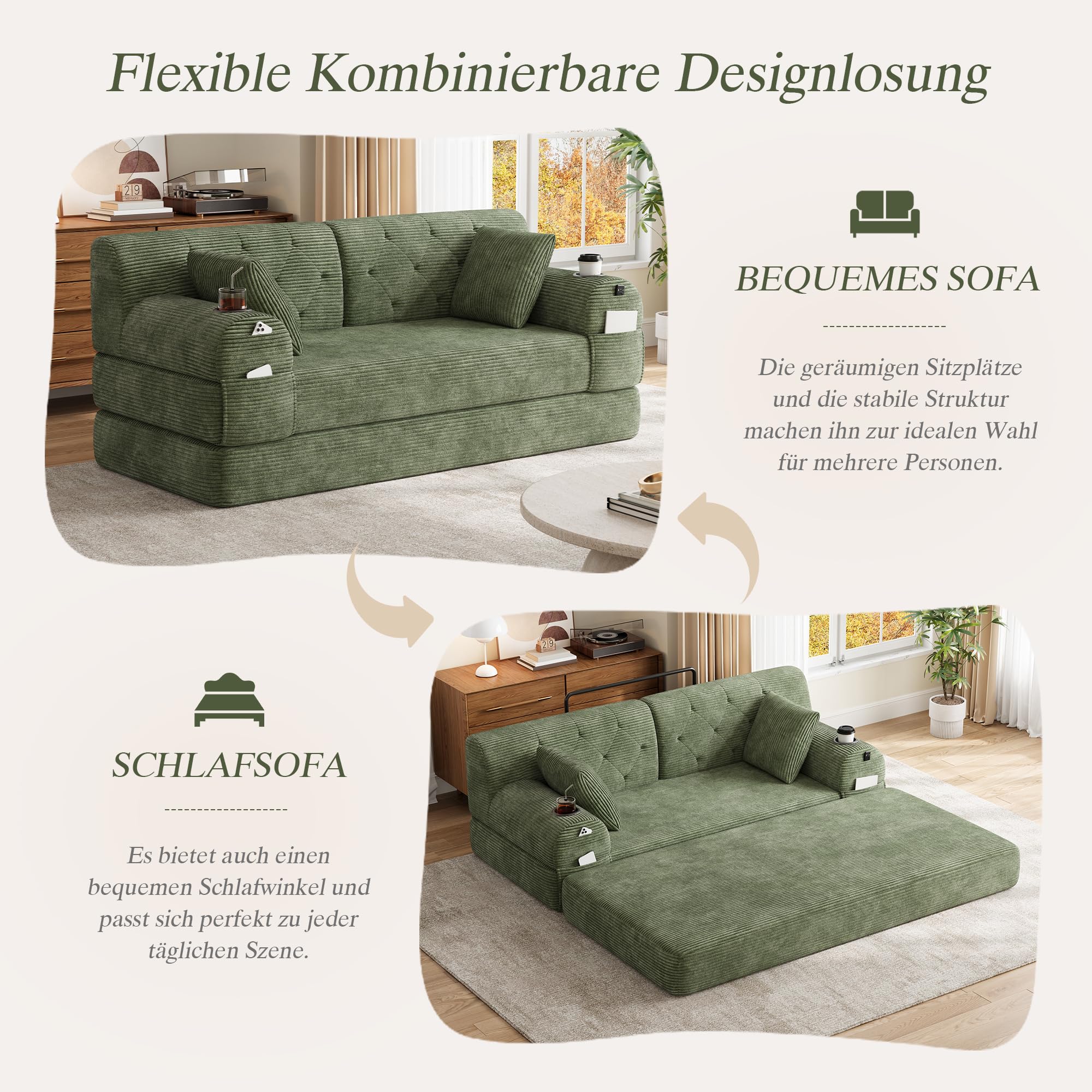 Divano Letto 2 posti con Struttura in Metallo, 2 Portabicchieri e 4 Tasche Laterali, divano Modulare Pieghevole a Compressione, divano Convertibile in Velluto a coste, Sofa Soggiorno, Verde