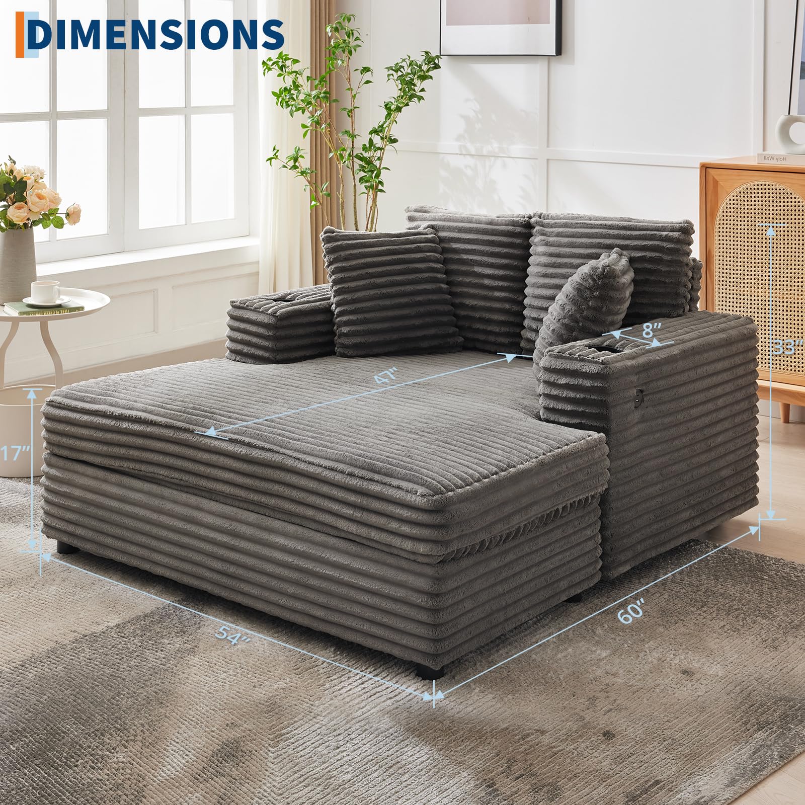 Condition photo showing New/Like New for garvee 60" oversized chaise lounge chair indoor, corduroy upholstered sleeper sofa bed w/cup holder & charging port, cloud couch sofa chair w/throw pillows & wide arms for living room, bedroom, gray