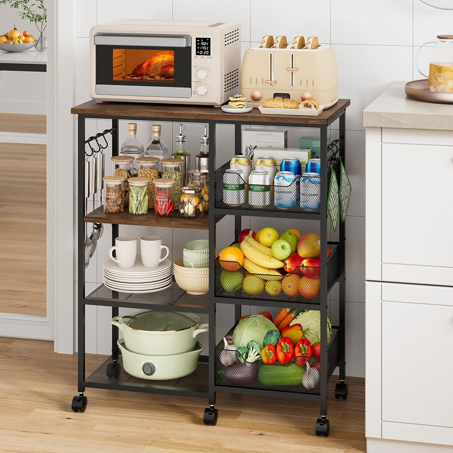 HapiRm Rolling Kitchen Cart with 6 Hooks, 3 Baskets & Lockable Wheels - Microwave Stand, Bakers Rack for Kitchen Island, Coffee Bar 28.3x14.6"