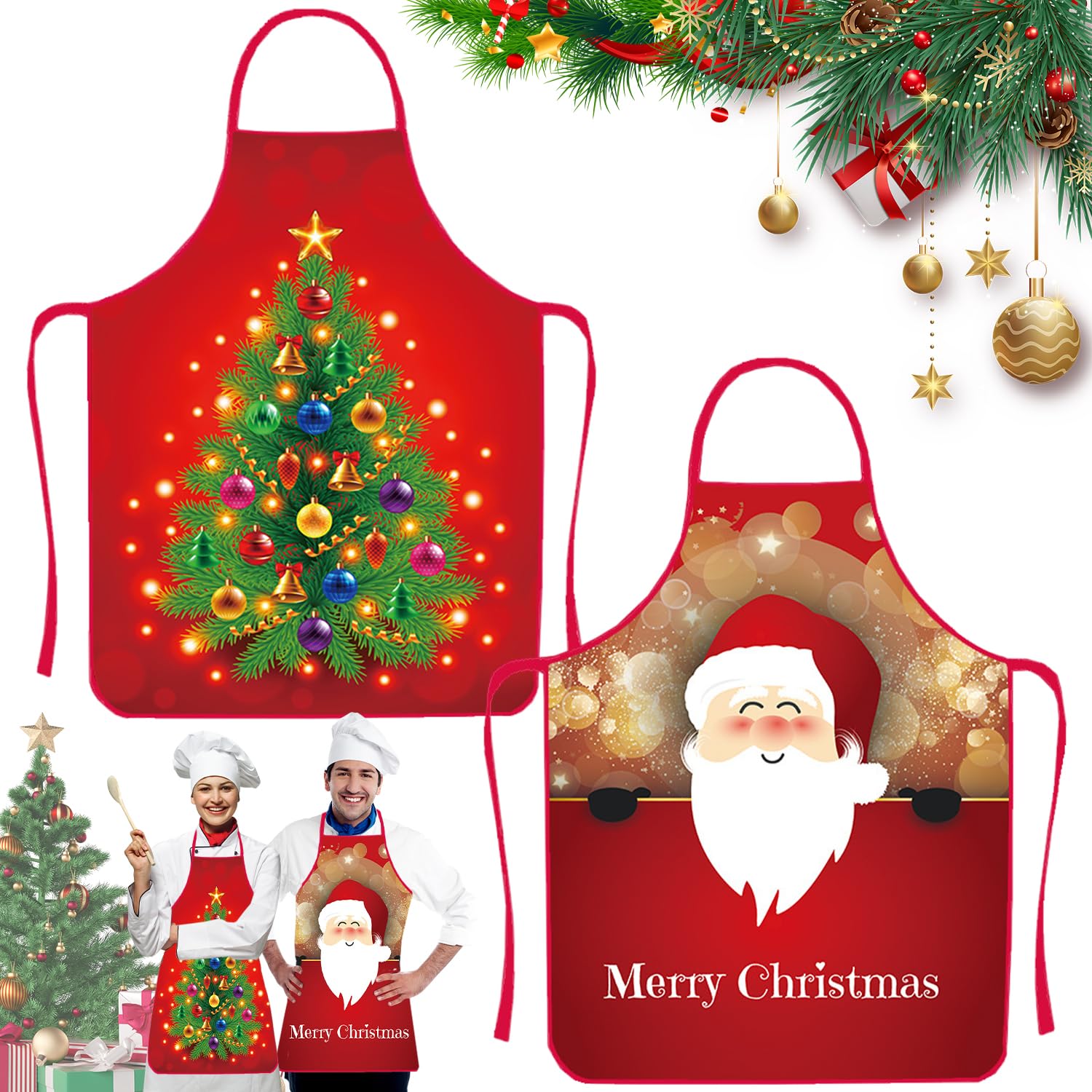 2 Piezas Delantales de Navidad, Delantal Navidad Impermeable, Delantal de Navidad, Rojo Delantal Cocina Adultos, Delantal de Cocina de Navidad, para Navidad Fiesta Nochebuena Cocina Restaurante