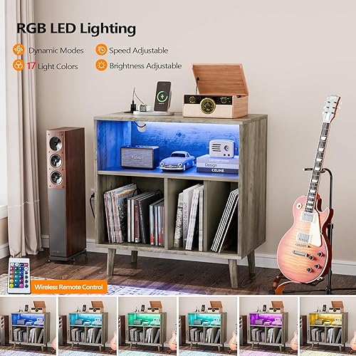 Miniatura 4 de VINGLI Soporte para tocadiscos con almacenamiento de vinilo abierto, mesa de almacenamiento de álbumes de mediados de siglo con luz LED de hasta 300