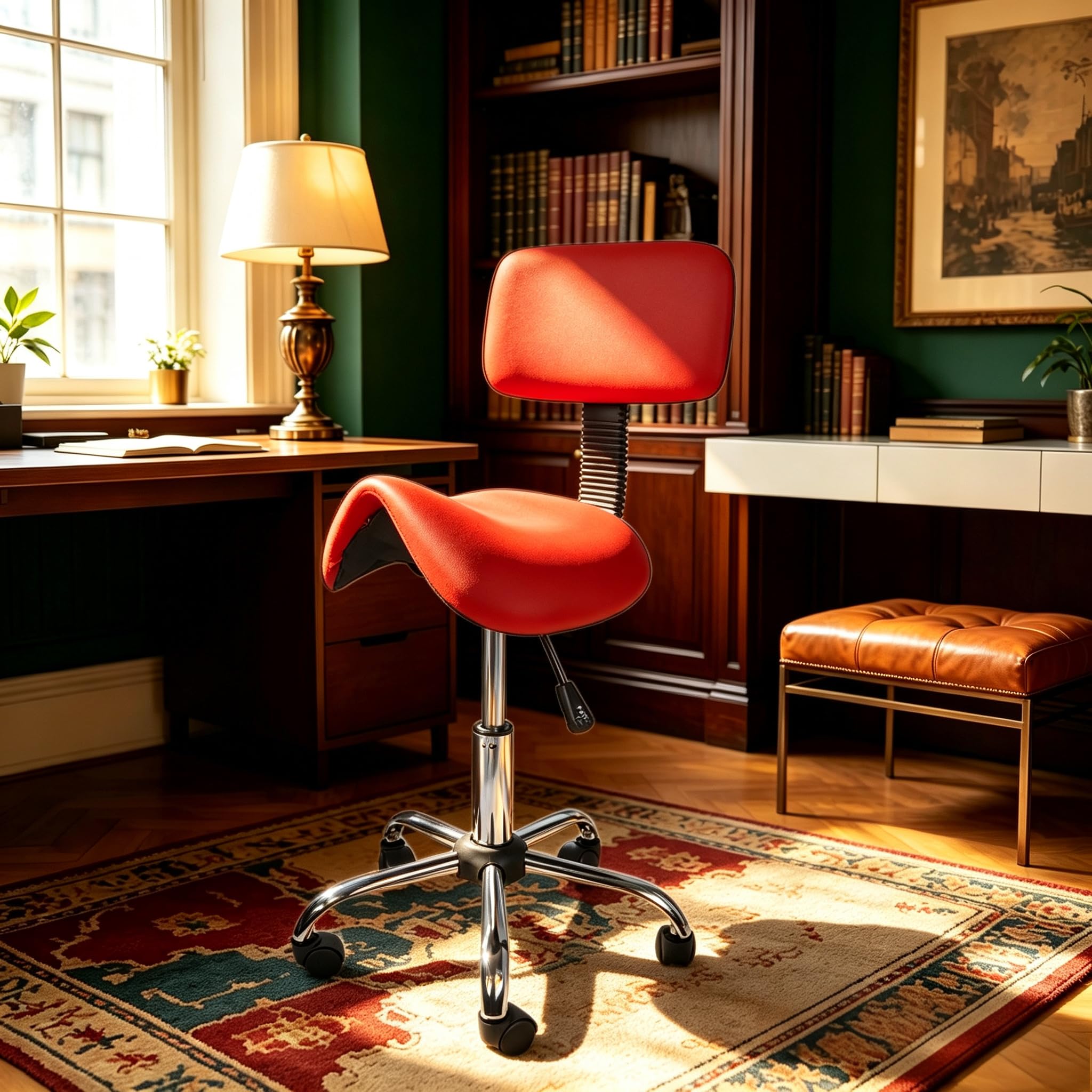 Mingone Tabouret de travail ergonomique pivotant à 360° - Hauteur réglable - Avec dossier à roulettes - Rouge