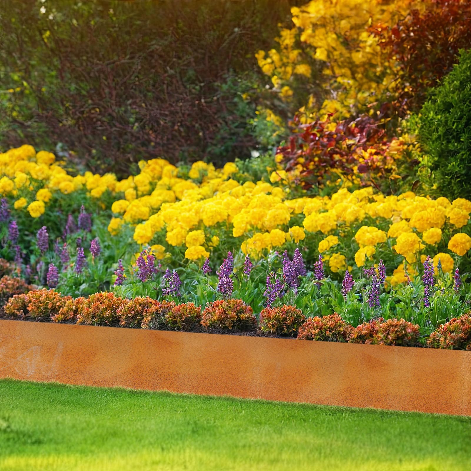 Borde de metal para césped de 10 m, borde de césped de acero corten de 15 cm de alto, fácil montaje, borde flexible para arriates, para jardín, bancal, césped y caminos, incluye guantes