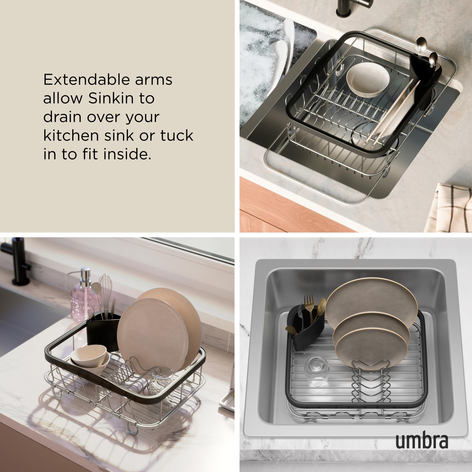 Umbra Sinkin Multi-Use Drying Rack – Dish Drainer Caddy with Removable Cutlery Holder Fits in, Over Sink or on Counter top, Large, Black/Nickel 2
