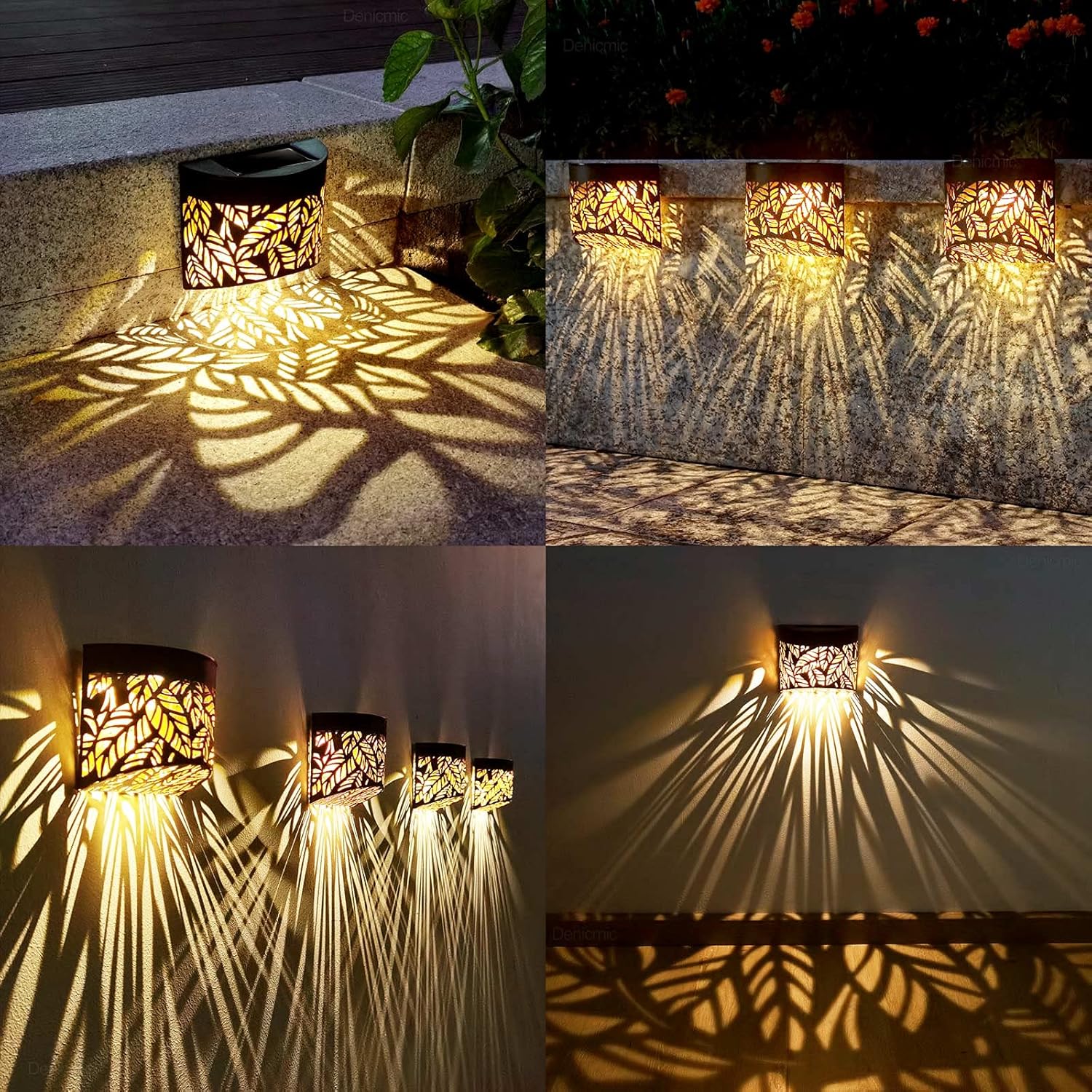 DenicMic Solar Wall Lights Outdoor 4 Pack Fence Solar Lights Led Waterproof Deck Lighting for Patio Pool Step Front Door, Metal Leaf Fence Decoration, Warm White/Color Changing